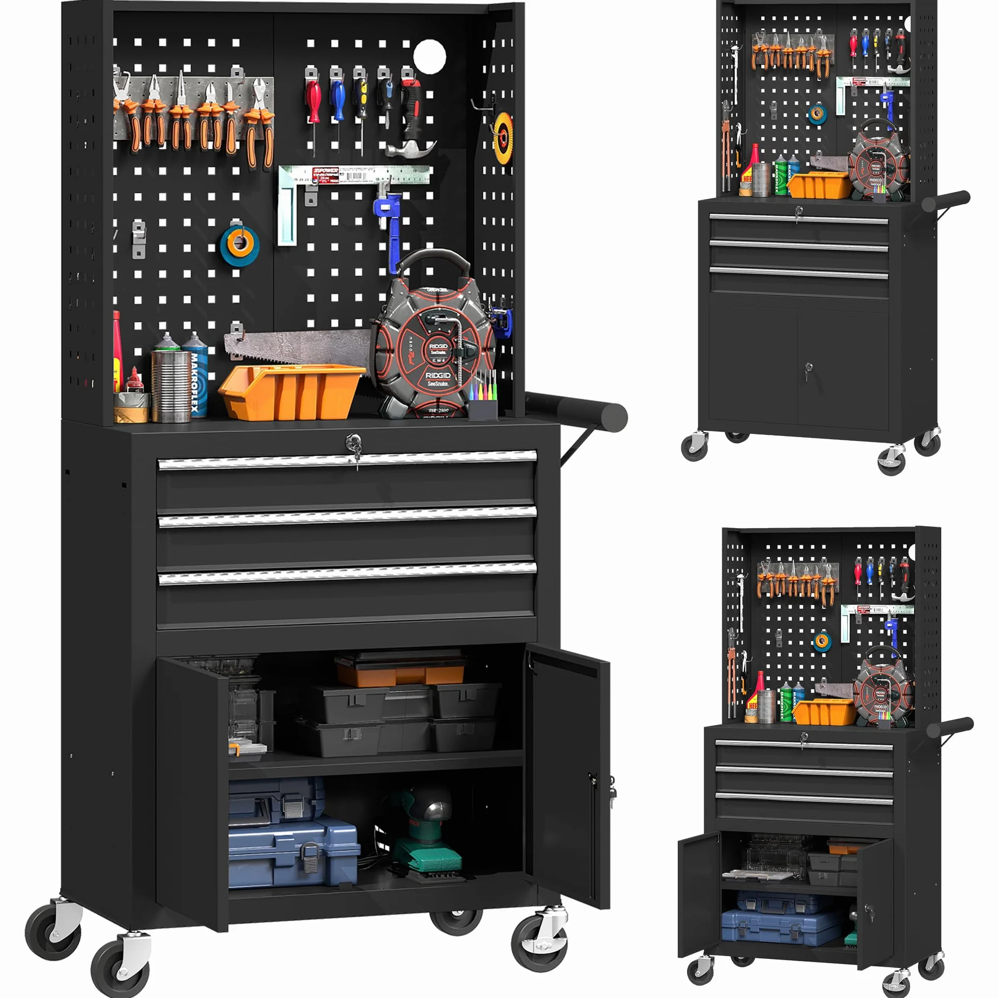 HOMCOM Carro de Herramientas 3 Cajones Pegboard Taller Cerradura Llave Estante Regulable 2 Ruedas Freno Negro