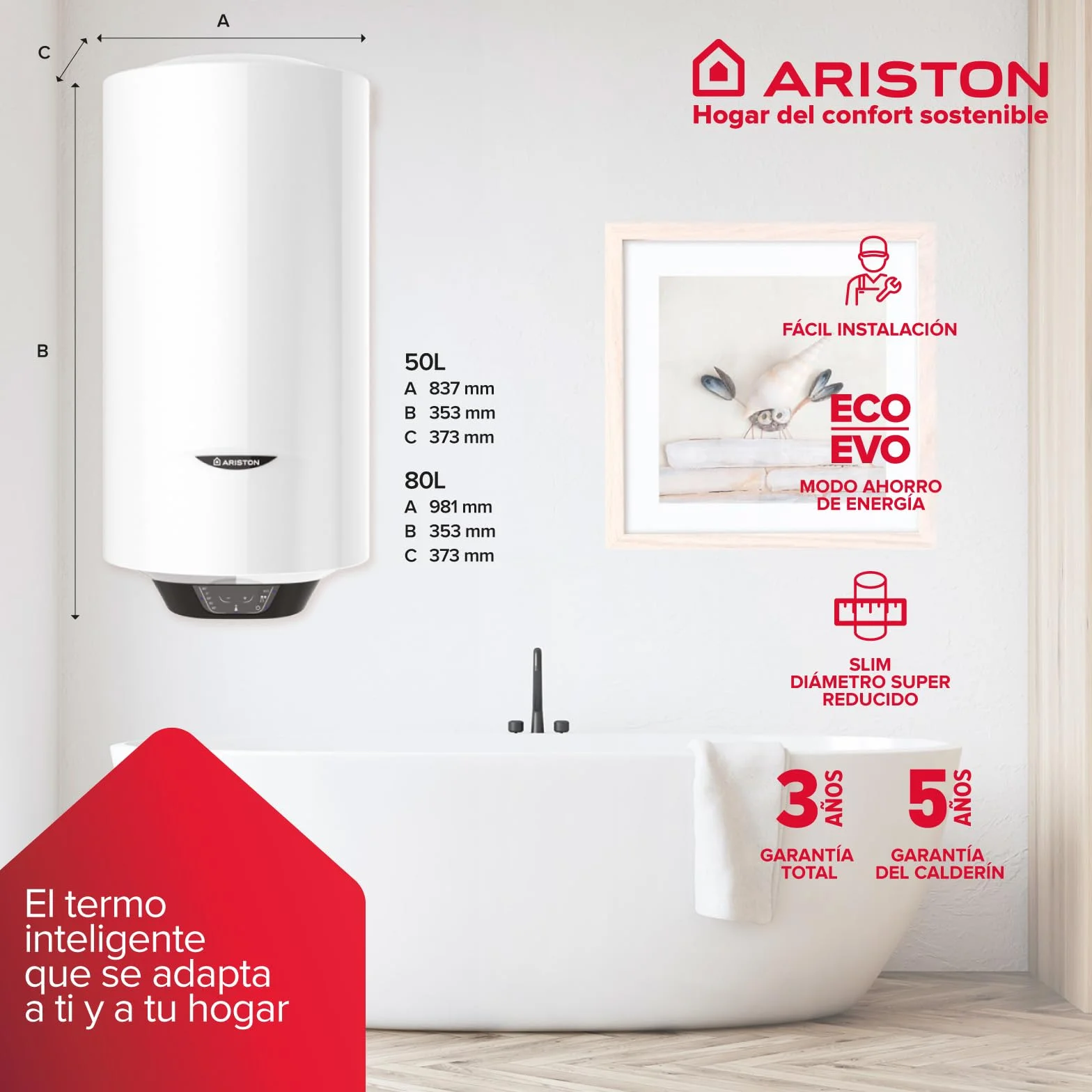 Ariston Pro1 Eco Slim - Termo Eléctrico 65 Litros Bajo Consumo Vertical, Calentador de Agua Eléctrico con Función ECO 37,3x35,3x98,1 cm, Fabricado para Instalación en España, Eficiencia B Rango (A+/F)
