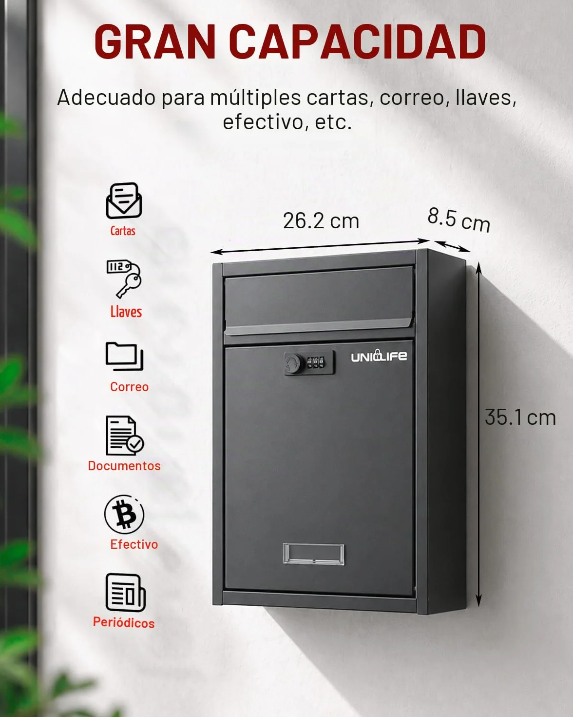 Uniclife Buzón de pared para exterior, gran compartimento de almacenamiento con cerradura de combinación, cierre de seguridad para casa, caja de seguridad, caja de correo, caja de acero para casa