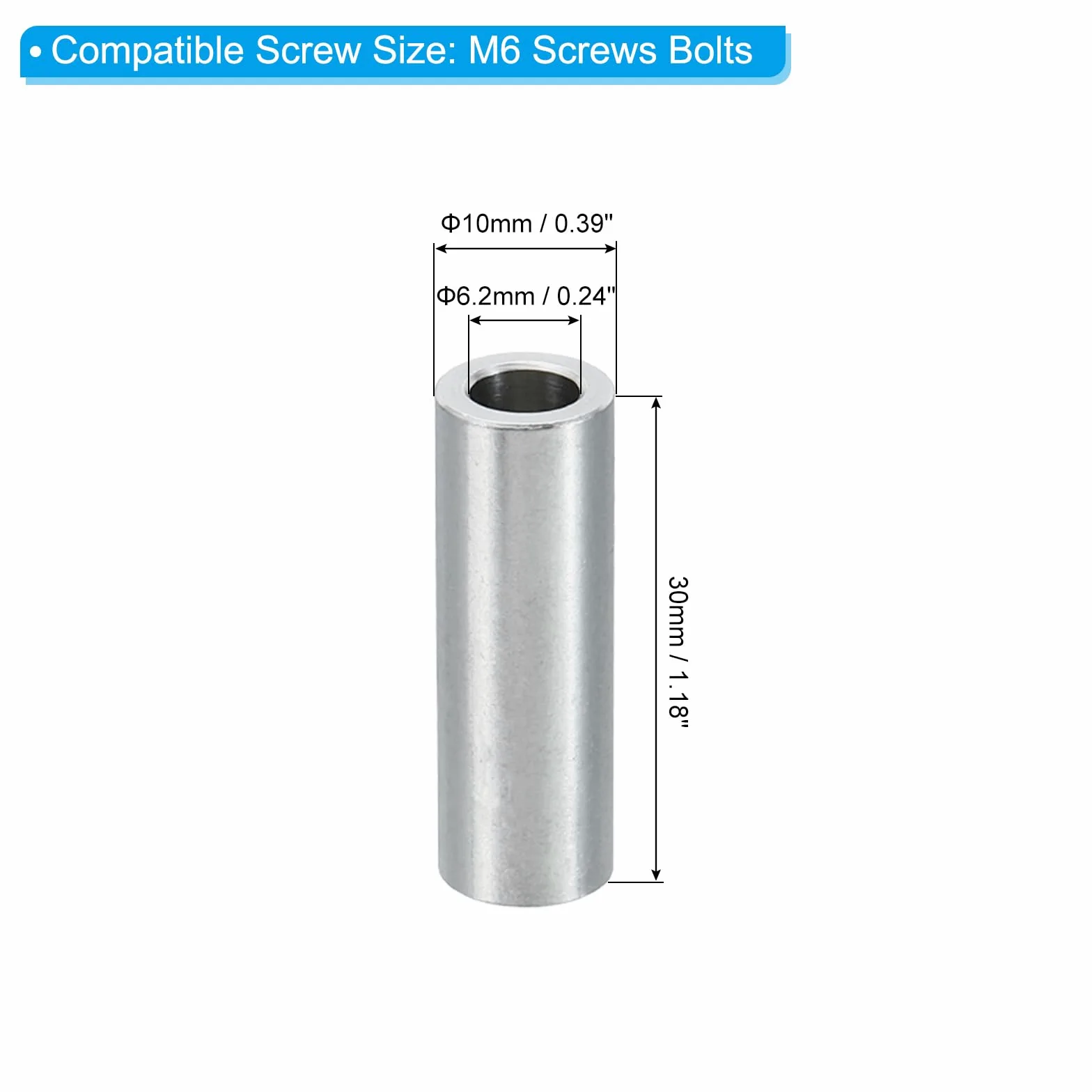 PATIKIL Separadores de Aluminio M6 10 Piezas Espaciadores Metálicos de Aluminio 6,2mm ID x 10mm OD x 30mm Longitud Aluminio Redondo Tornillo Separador Para Tornillos de 1/4" O M6