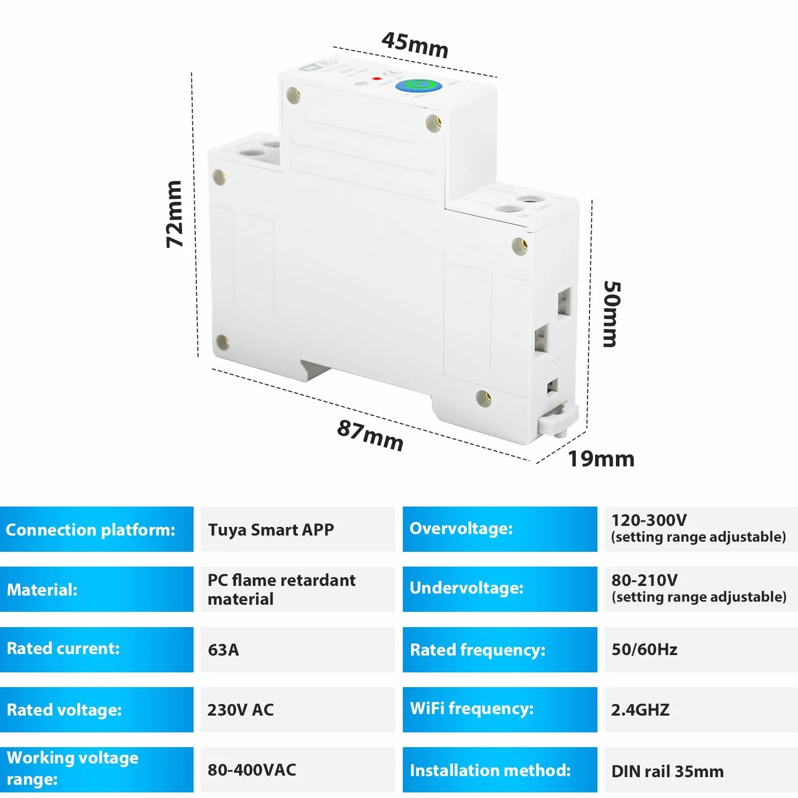 Jadeshay Tuya WiFi Disyuntor Inteligente 1P 63A 230VAC Interruptor WiFi con Temporización Compatible con Alexa Google Assistant