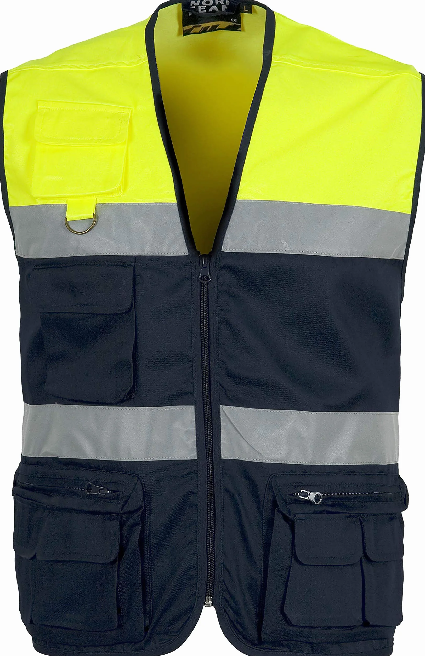 WORKTEAM Chaleco de Trabajo, Tipo Safari, Alta Visibilidad con 2 Cintas Reflectantes, Multibolsillos. Unisex