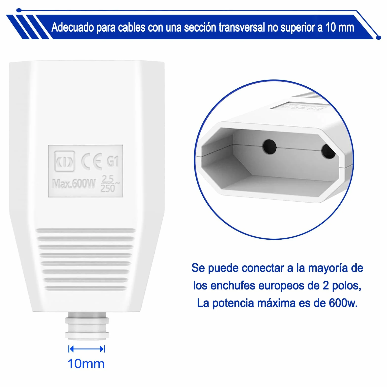 Conectores europeos planos Schuko 250V IP20 goma protección contra torceduras 4 piezas blanco