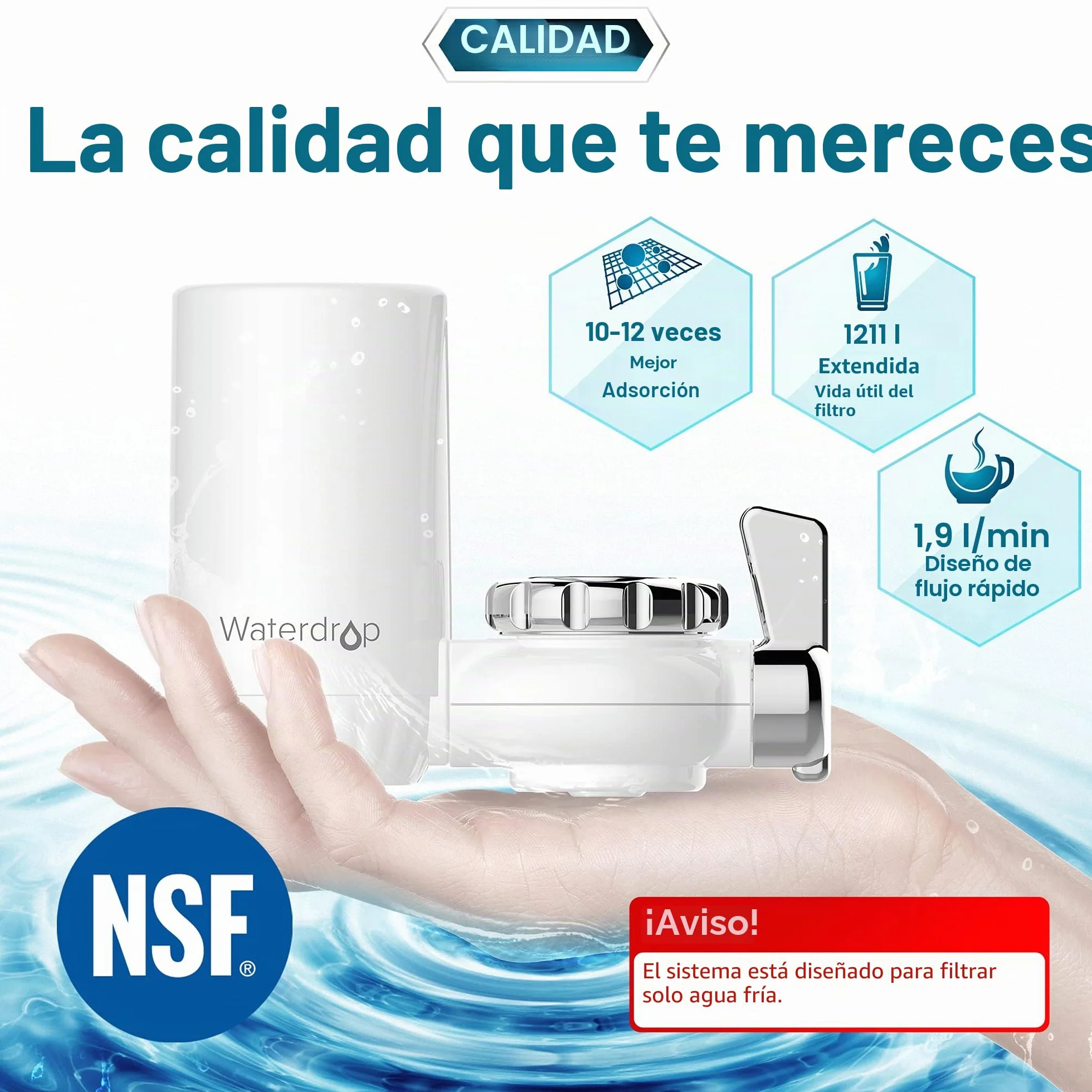 Waterdrop WD-FC-04 NSF Certificada Filtro de Agua Para Grifo con Material Ultra Adsortivo, Elimina Cloro, Plomo, Harina y Más, Compatible con Grifos Estándar (1 Filtro Incluido)