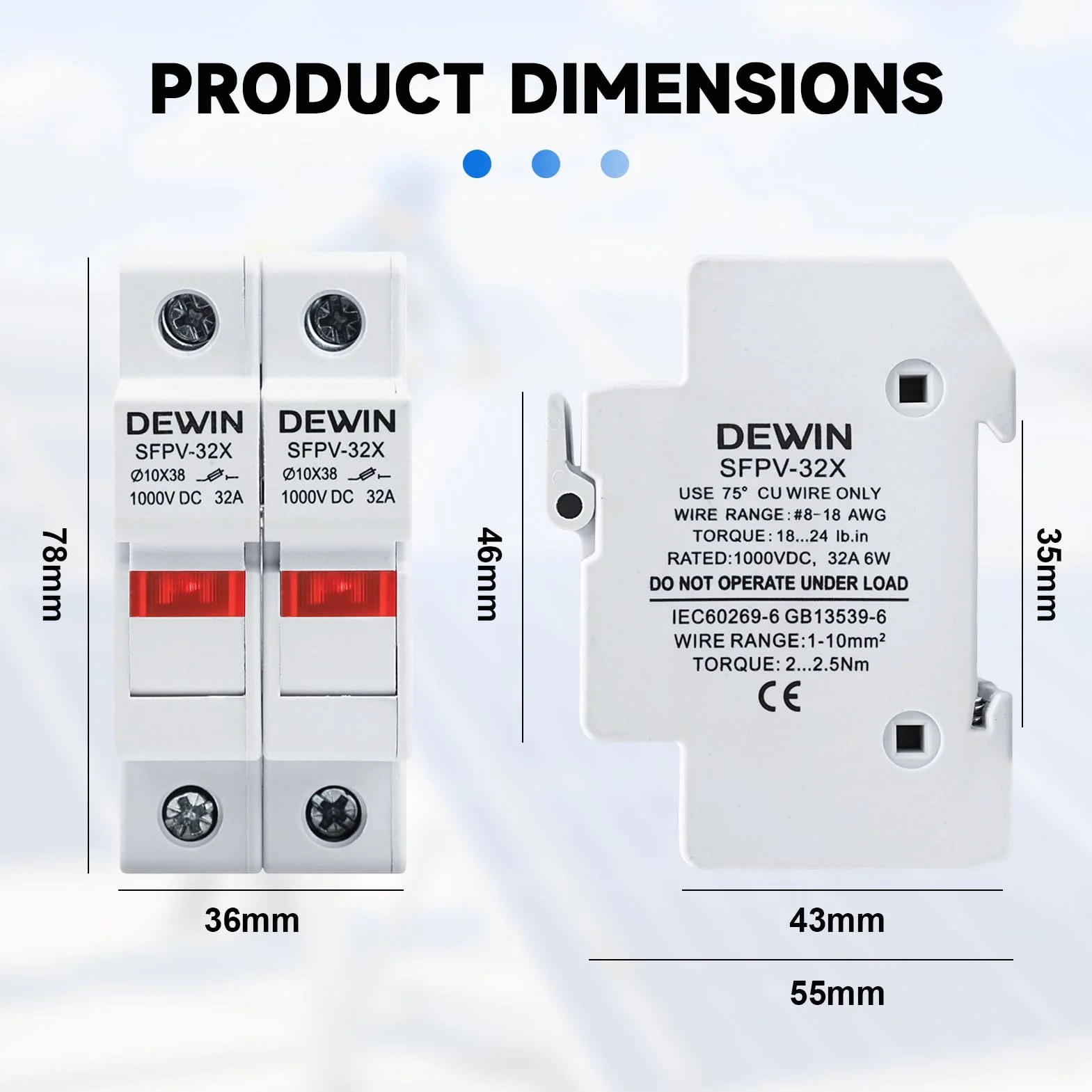 DEWIN Fusible fotovoltaico 2 polos 1000V CC 32A con protección contra sobrecarga y cortocircuito