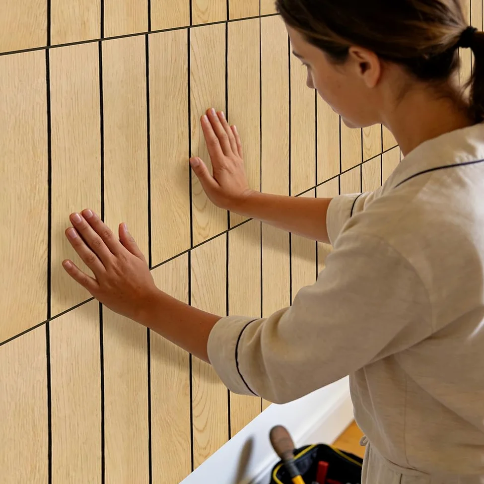LOMUG Paneles de pared autoadhesivos con aspecto de listones de madera, 30 x 30 cm, paneles decorativos de pared de PVC, absorbentes de sonido, para salón y dormitorio, paquete de 12 unidades (AC-009)