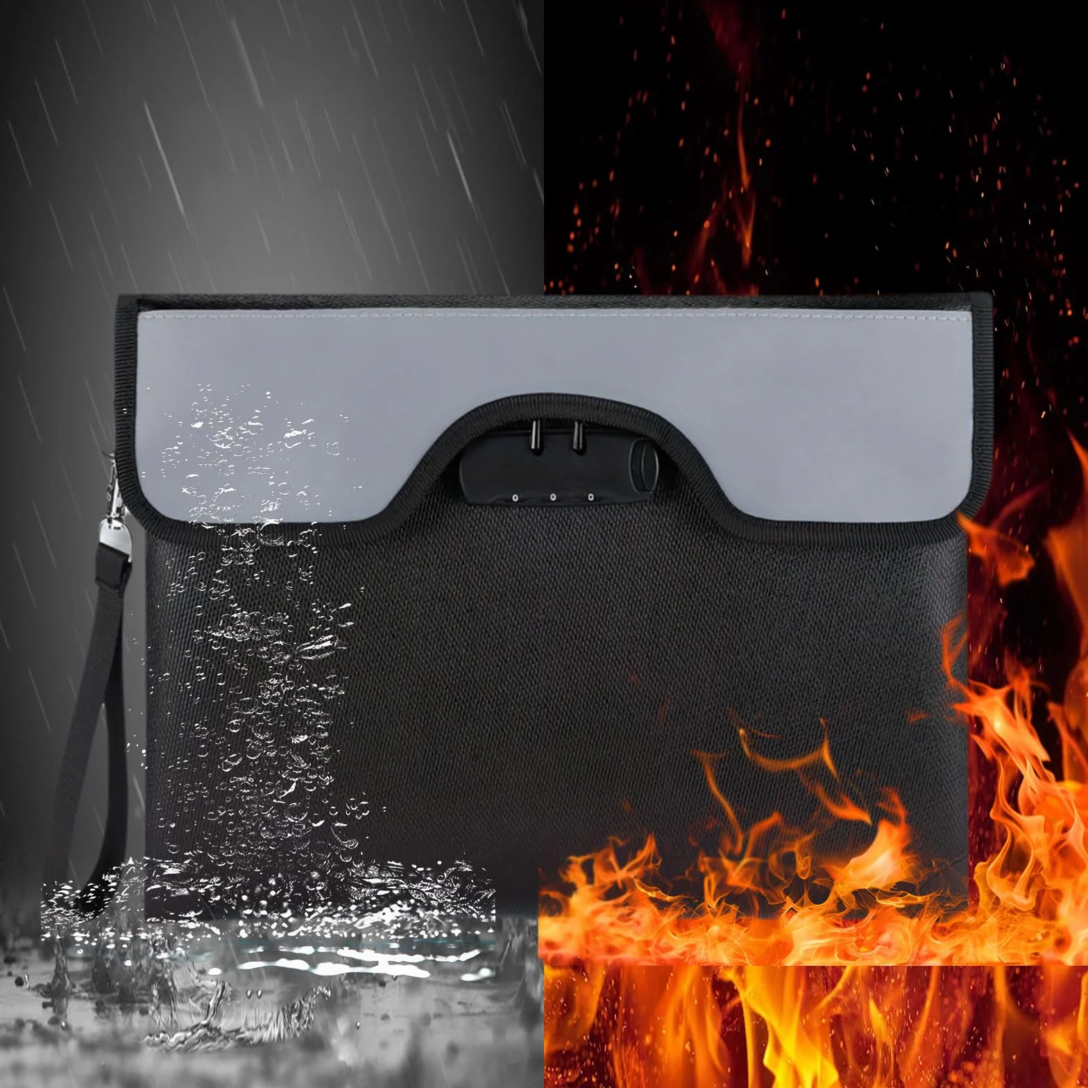 Bolsa ignífuga bolsa de documentos con cerradura, 35.5x25.4cm cartera impermeable, segura Bolsa ignífuga de almacenamiento para documentos pasaporte banco archivo dinero objetos de valor, negro