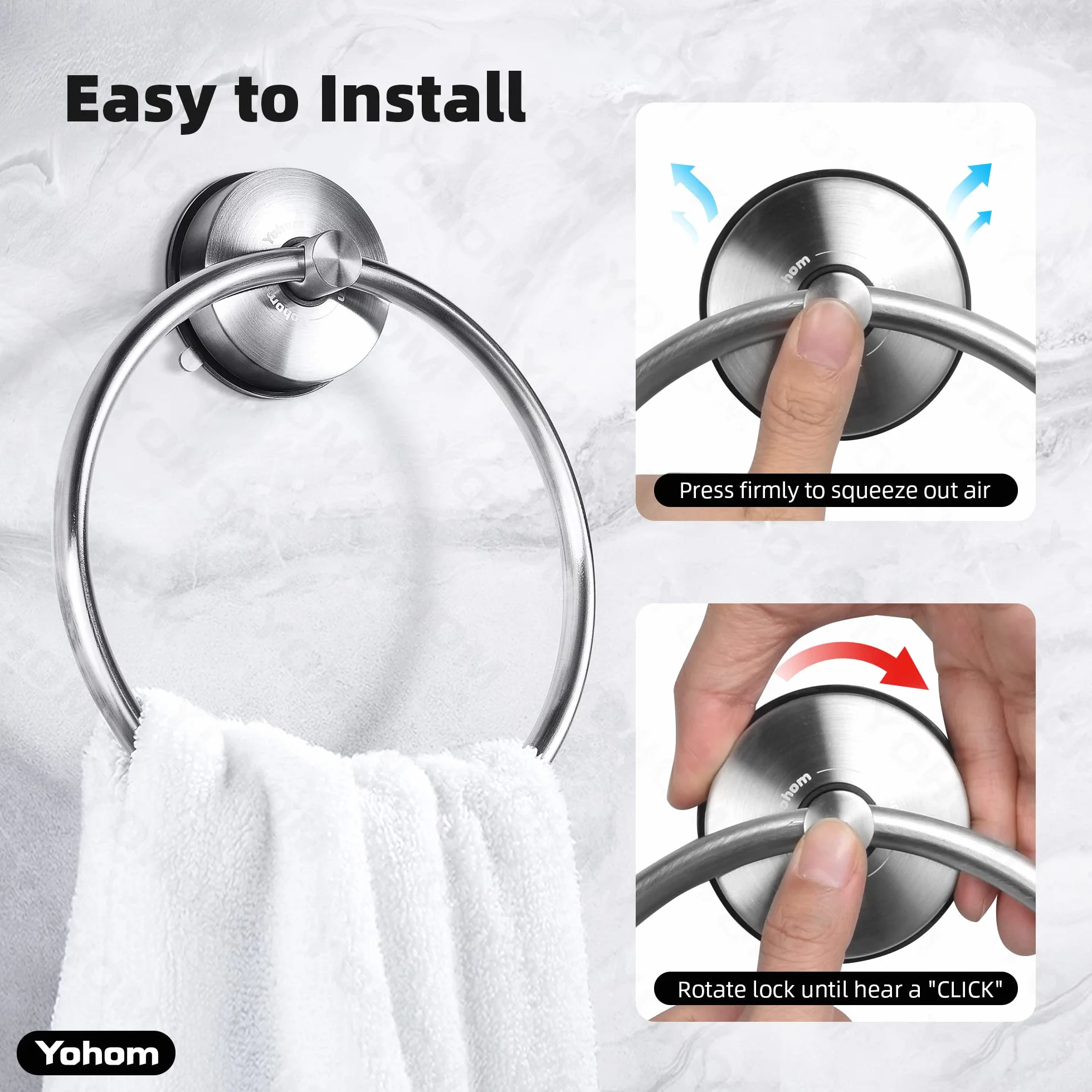 YOHOM Anillo de Toalla con Ventosa Toallero de Aro para Baño Cocina Acero Inoxidable Soporte de Toalla para Ducha Pared sin Taladro Plata
