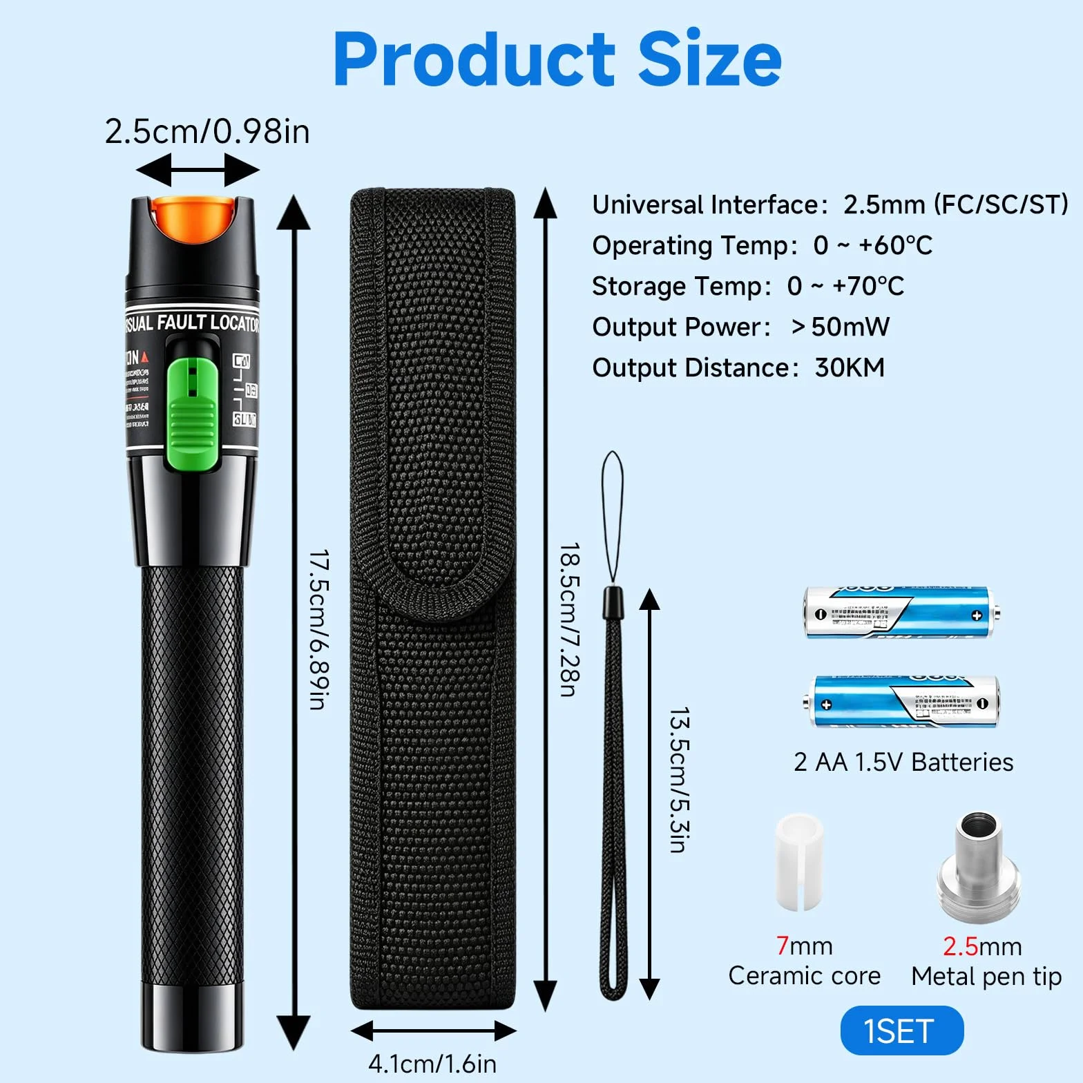 Localizador Visual de Fallos 30mW VFL, Probador de Fibra Óptica Portátil 30KM, Interfaz Universal 2,5mm para Cables Monomodo y Multimodo