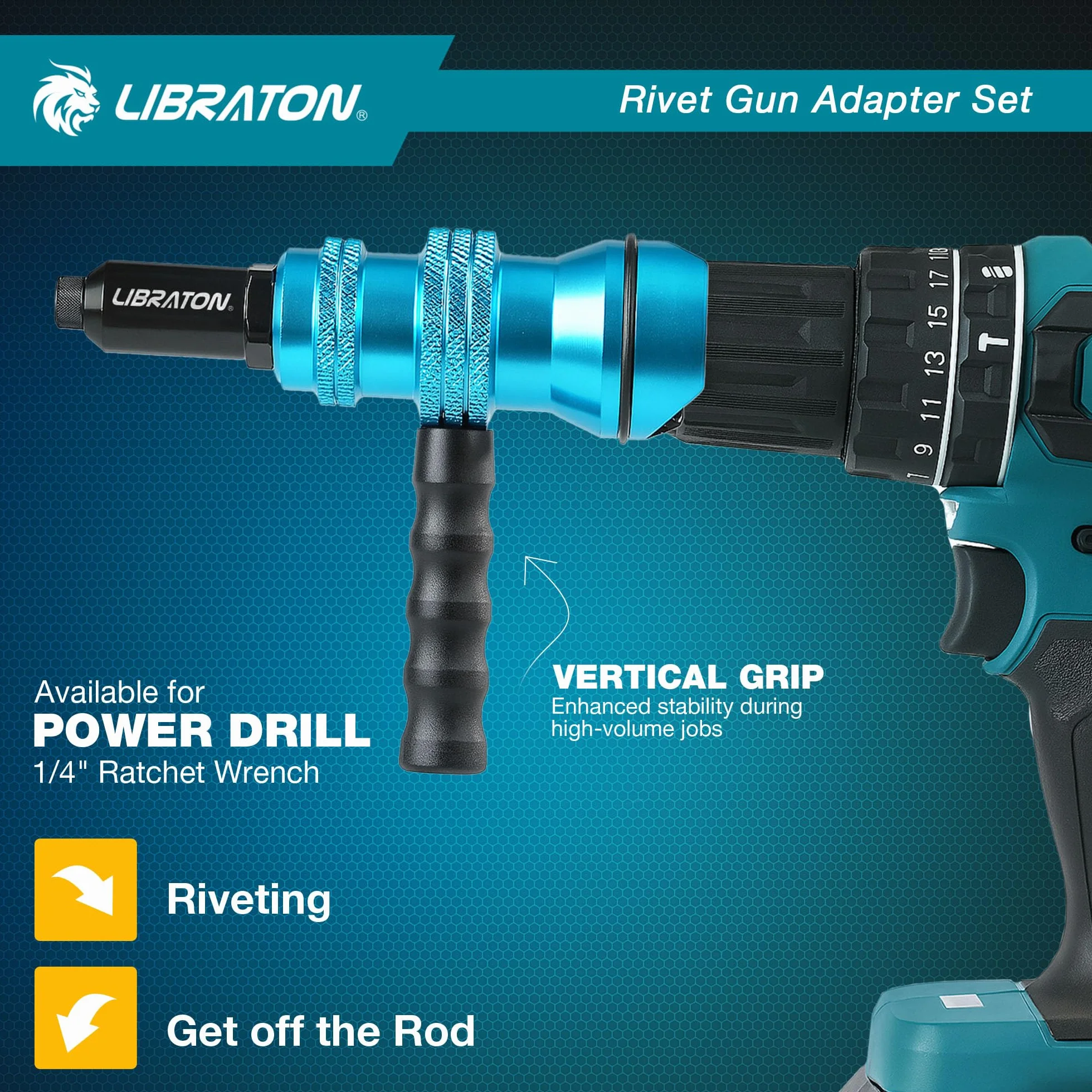LIBRATON Adaptador de Remachadora para Taladro, Adaptador de Remache para Taladro Eléctrico, Accesorio de Remache para Taladro Inalámbrico, con Asa, Fácil Procesamiento 2,4mm 3,2mm 4,0mm 4,8mm