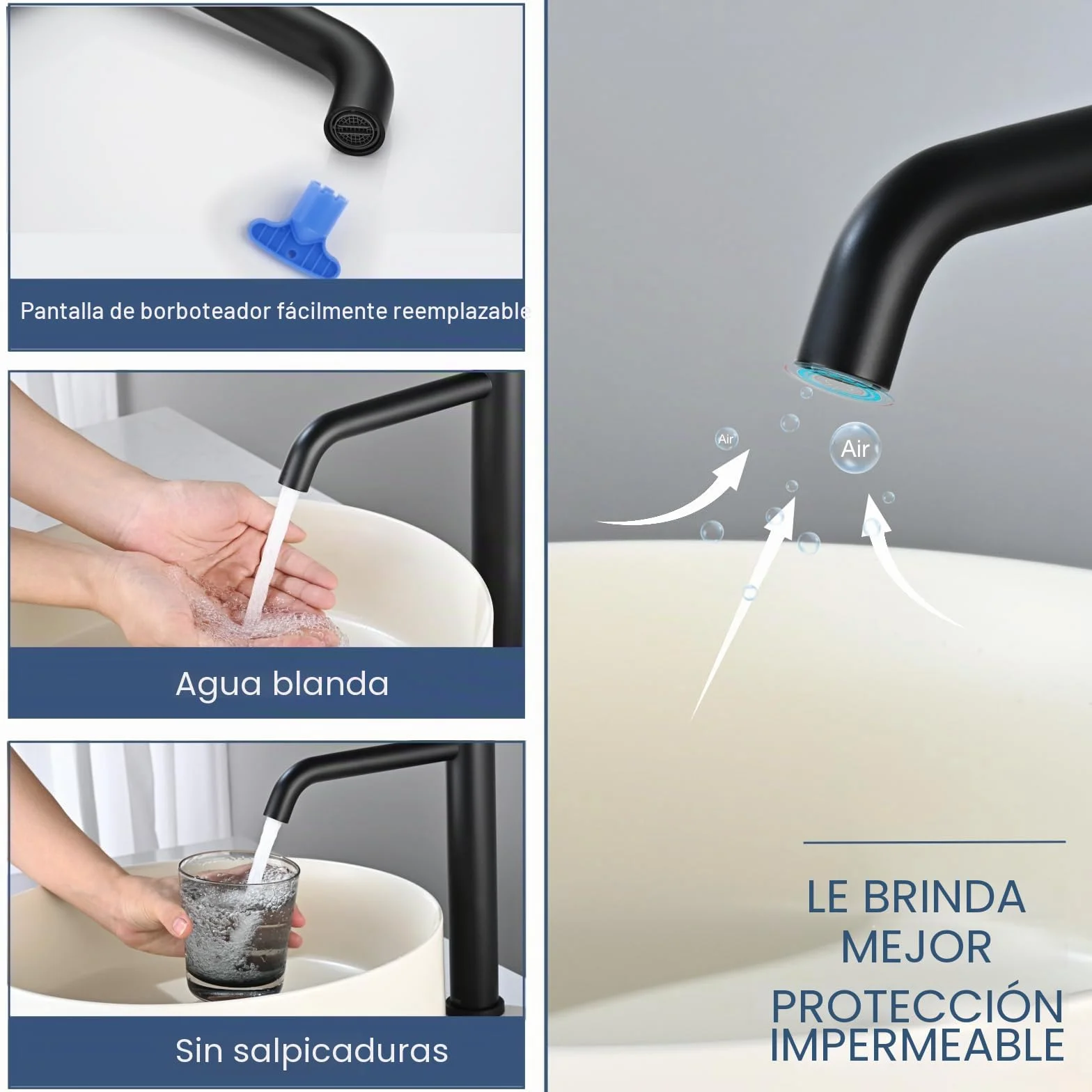 Grifo Lavabo Alto Negro Mate, DETBOM Grifo Monomando Lavabo Agua Fría y Caliente, Grifos para Lavabo de Encimera, Mezclador de Baño de Acero Inoxidable 304, Aireador Extraíble, Altura de Caño 204mm