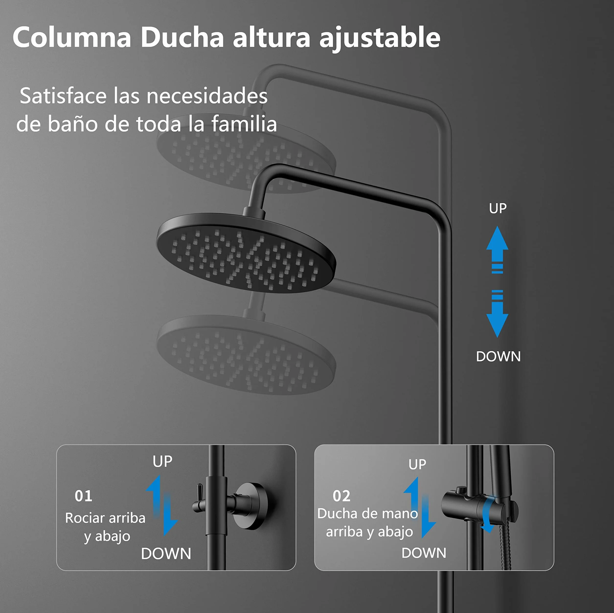 YOOZENA Columna Ducha Negra Monomando con Lluvia, Grifo y Manguera