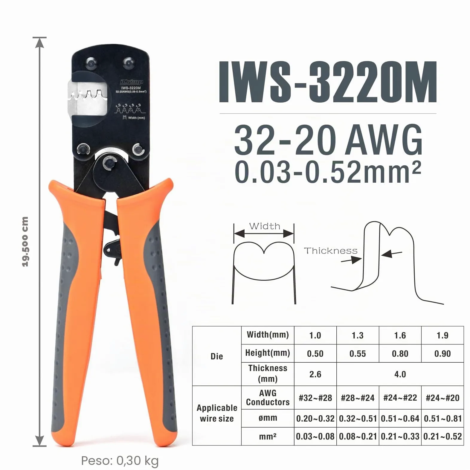 iCrimp IWS-3220M Herramienta de prensado de clavijas con micro conector 0.03-0.52mm² Prensador de trinquete para D-Sub, Trajes de barril abierto Molex, JST, JAE