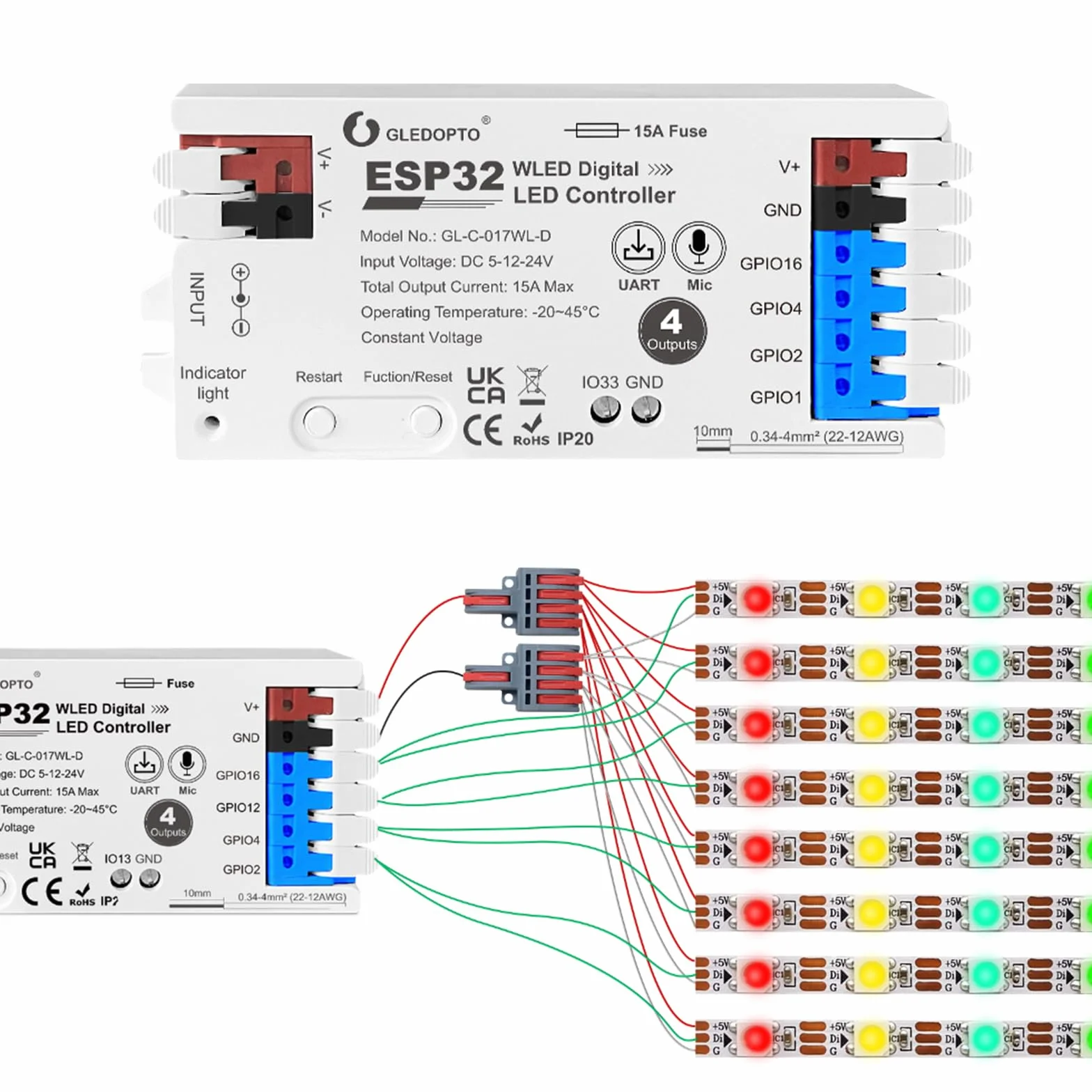 Controlador LED WiFi 4 vías ESP32 WLED Compatible Alexa Google Home Tiras LED RGB 5-24V 15A GL-C-017WL-D
