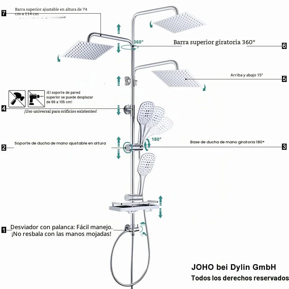 JOHO Columna de Ducha Acero INOX sin Grifo Termostático, Conjunto Ducha con Barra Altura Ajustable, Cabezal Lluvia 20x20 cm, Cromo