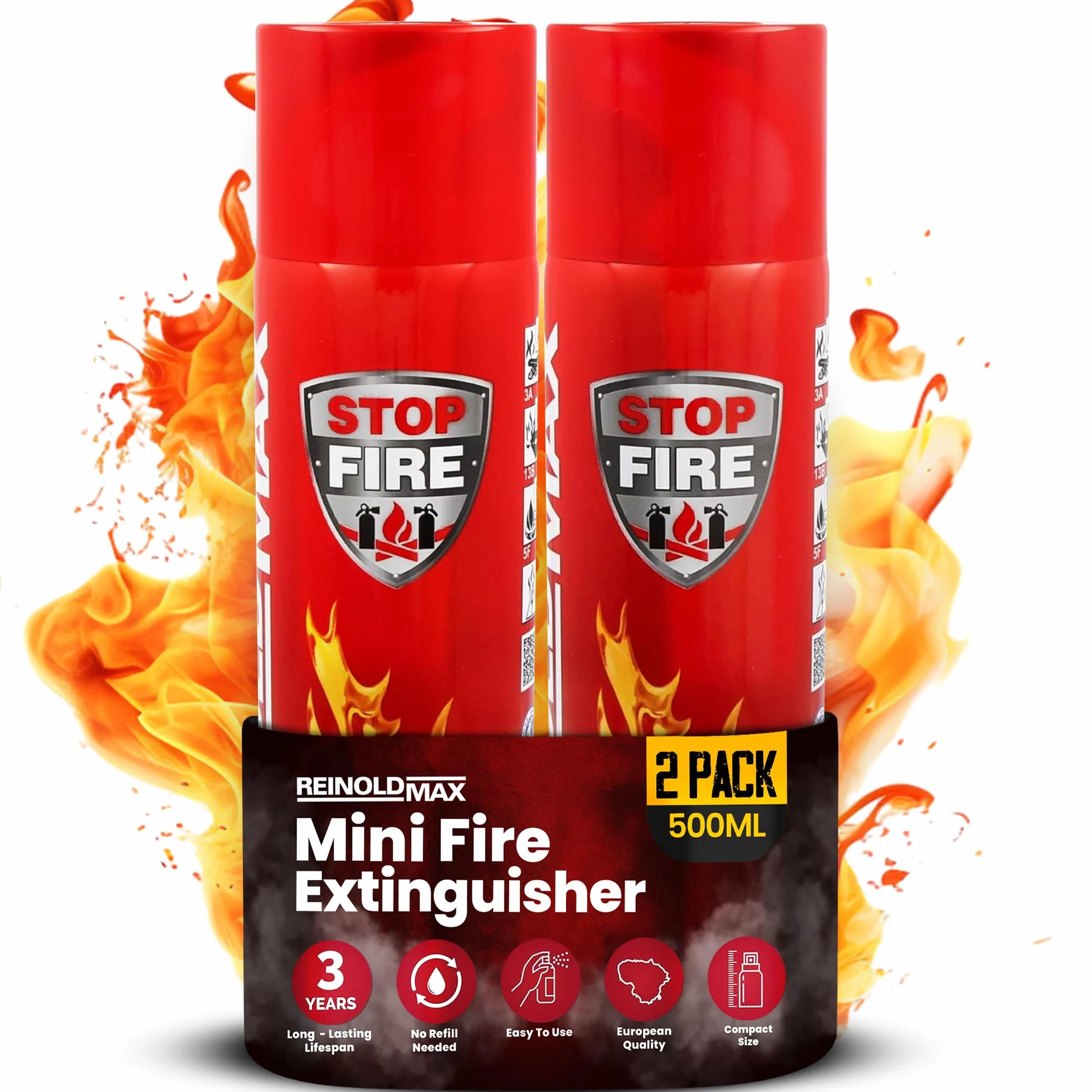 2X Pequeño Extintor para Casa | Mini Extintor Aerosol Todo en Uno para Cocina, Camping, Autocaravana, y Chimenea de ReinoldMax