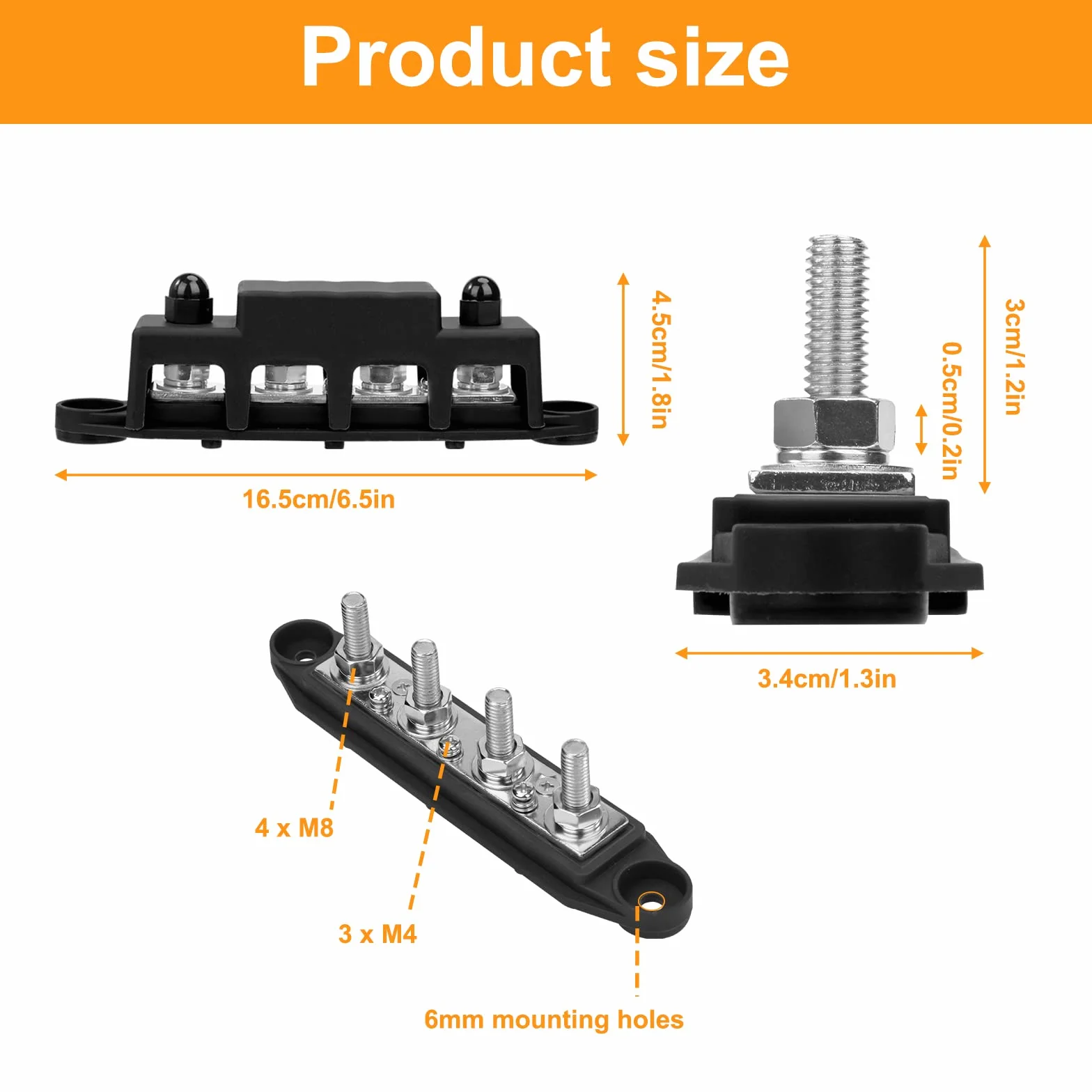 QIMEI-SHOP Bloques de Distribución de Energía 12V-48V Caja de Distribución de Barra Colectora 250A BusBar con 4 Pernos de Terminal M8 para Automóvile Barco Rojo Negro 2 Piezas