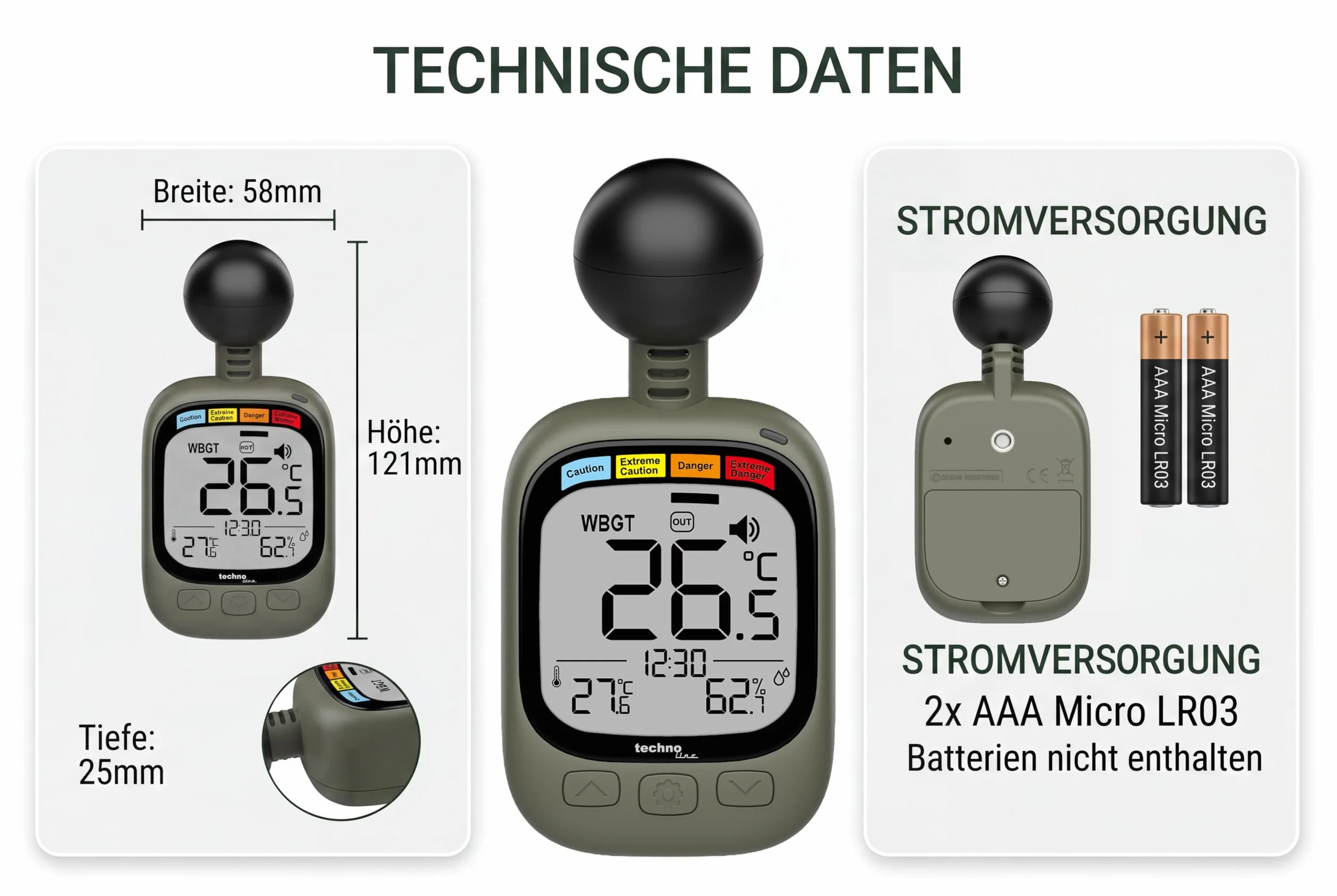 technoline EA 3060 WBGT - Medidor de estrés térmico con indicador de temperatura y humedad | Sistema de alerta WBGT | Interior/Exterior | Función de alarma | Ideal para deportes, trabajo y actividades