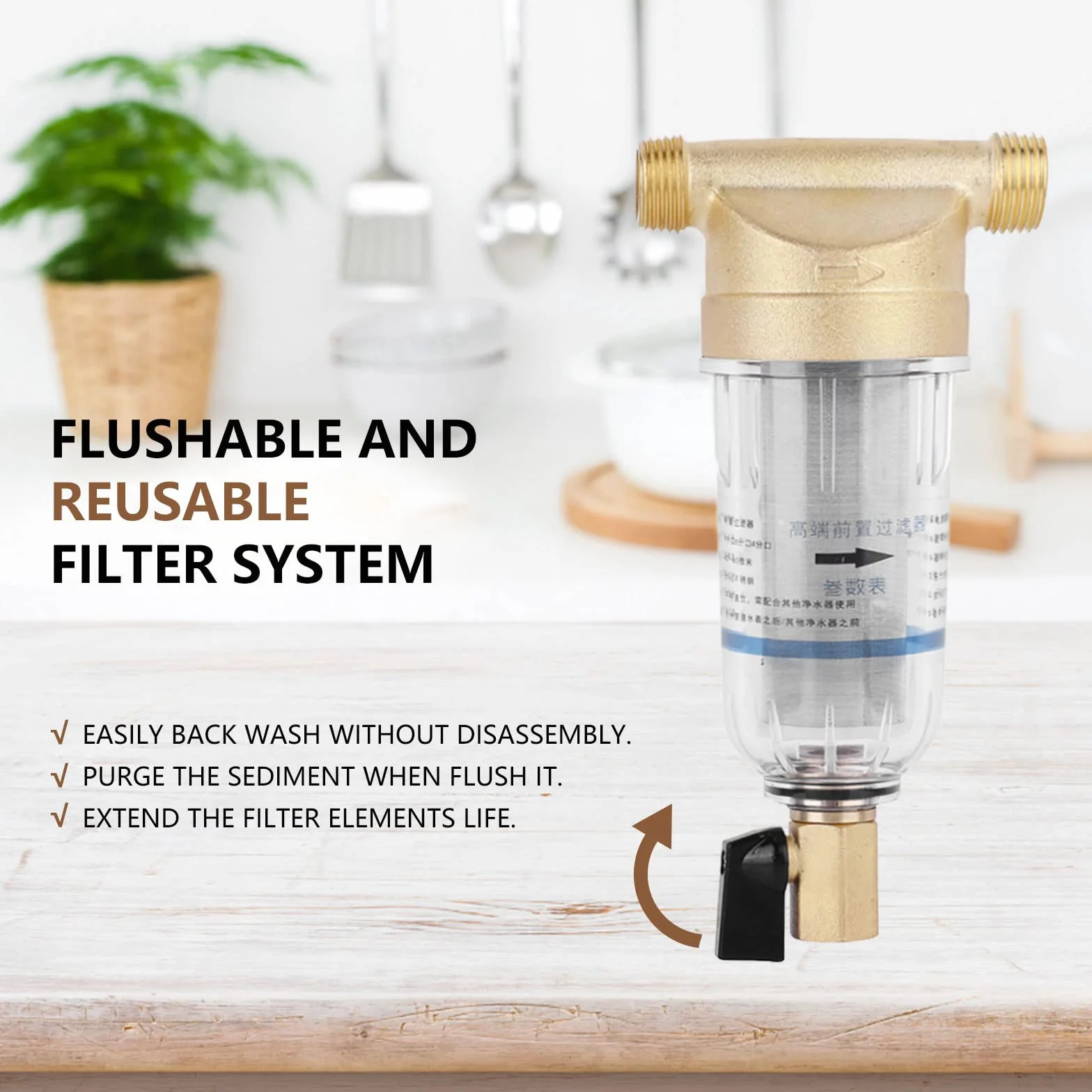 Prefiltro de Agua de Sedimentos Giratorio Purificador Reutilizable, Filtro Agua Entrada General Agua con Llaves y Tubo de Alcantarillado, Filtro de Agua Para Casa de ÓSmosis (3/4" Rosca Macho)