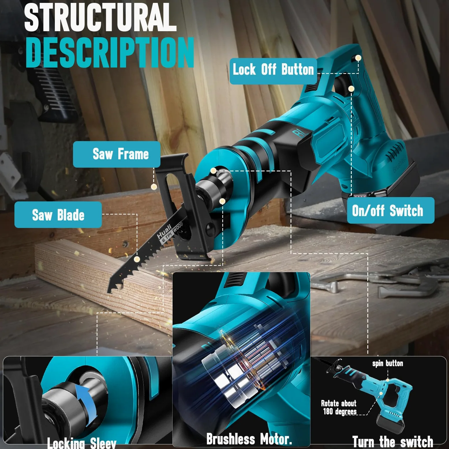 WingFly Sierra Sable Inalámbrica para Makita 18 V Batería, Sierra Alternativa Profesional con 4 Hojas de Sierra, 3000 rpm, Sierra Recíproca Eléctrica con Velocidad Variable