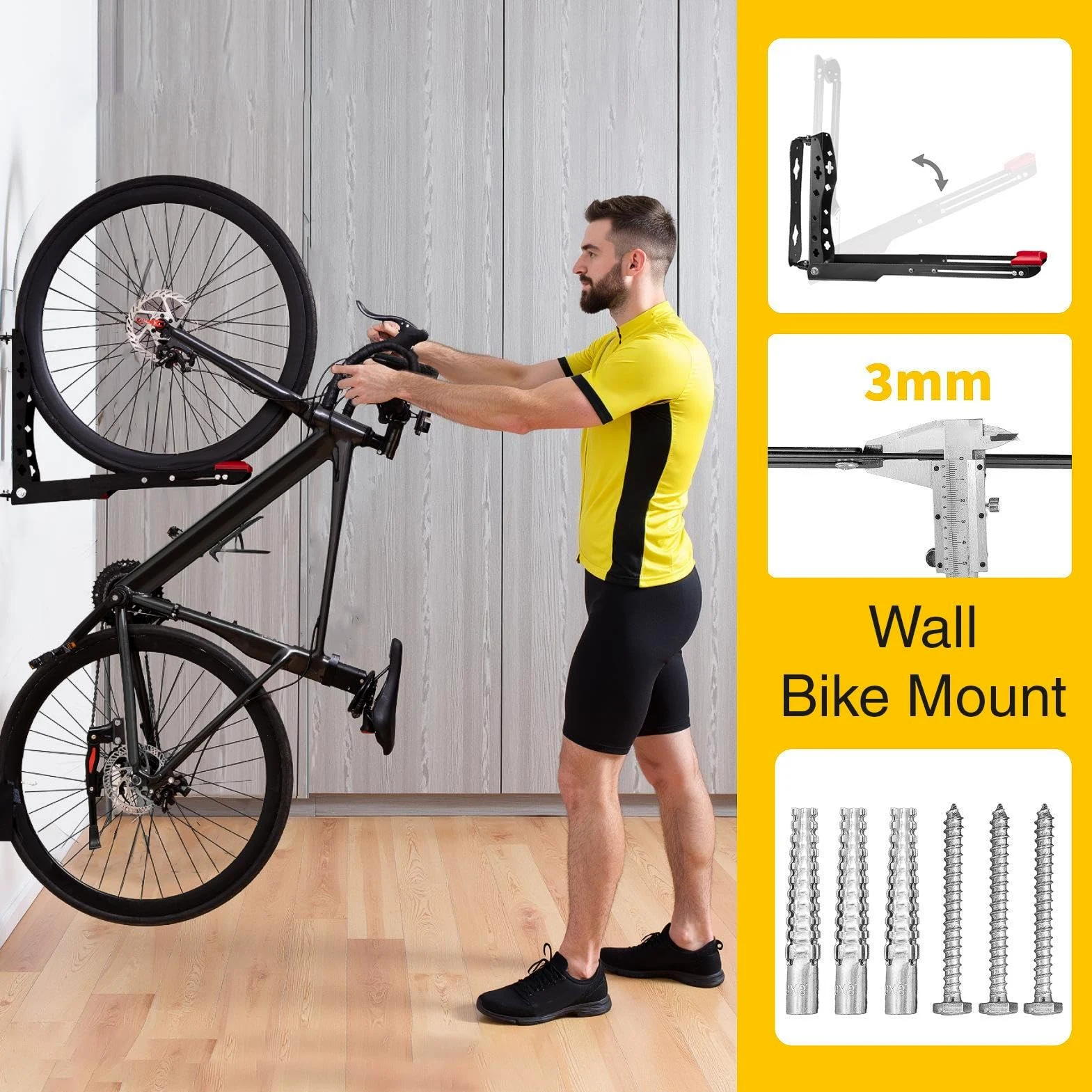 Soporte de pared para bicicleta para montaje en pared | Soporte ajustable estable para organización de almacenamiento vertical para gimnasio, taller al aire libre, comercial