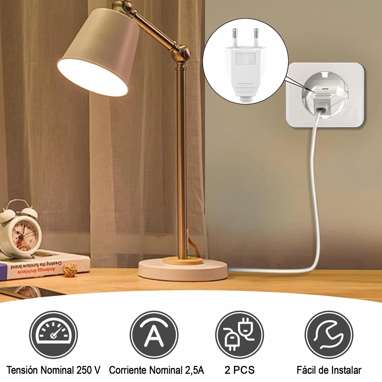 Enchufe Europeo Plano Schuko 250V 2.5A Blanco, Clavija Eléctrica Macho para Instalar o Reemplazar