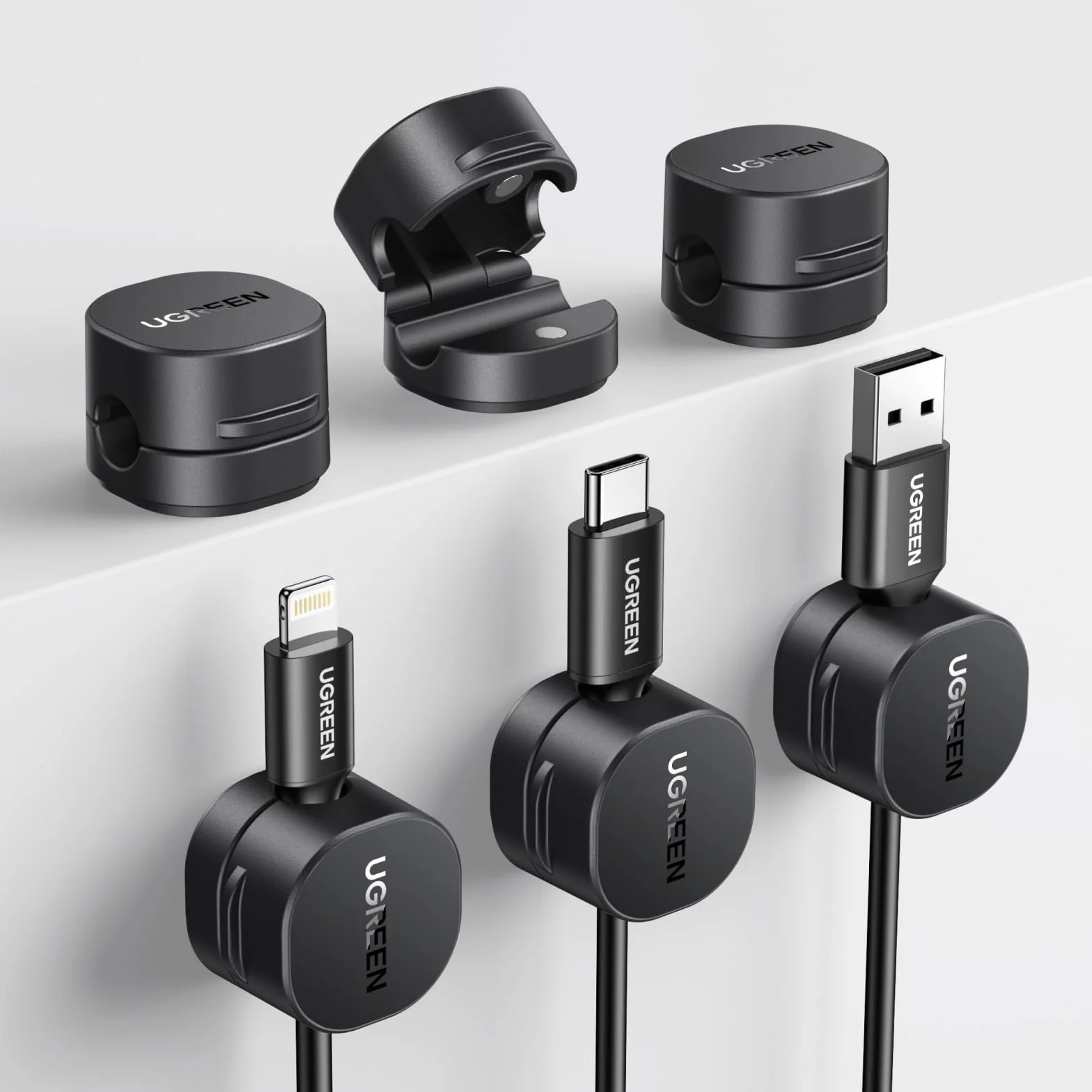 UGREEN [6 Piezas] Clip de Cable de Resorte con [Rotación de 91°] Magnético Organizador Cable Autoadhesivo Sin Residuos para HDMI, USB, PC, TV, Hogar, Oficina, (7.5mm) - Negro