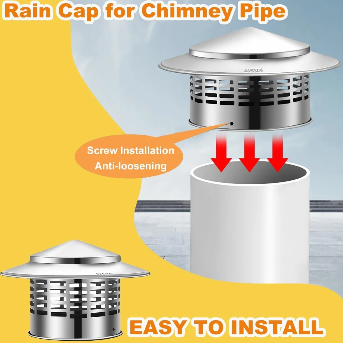Sombrerete Chimenea de Acero Inoxidable 304, Tapa de lluvia para Techo Redondo Tapa de chimenea Chimeneas Tapa de Ventilación per chimenea, conducto de humos, Estufas de Madera(200mm-8")