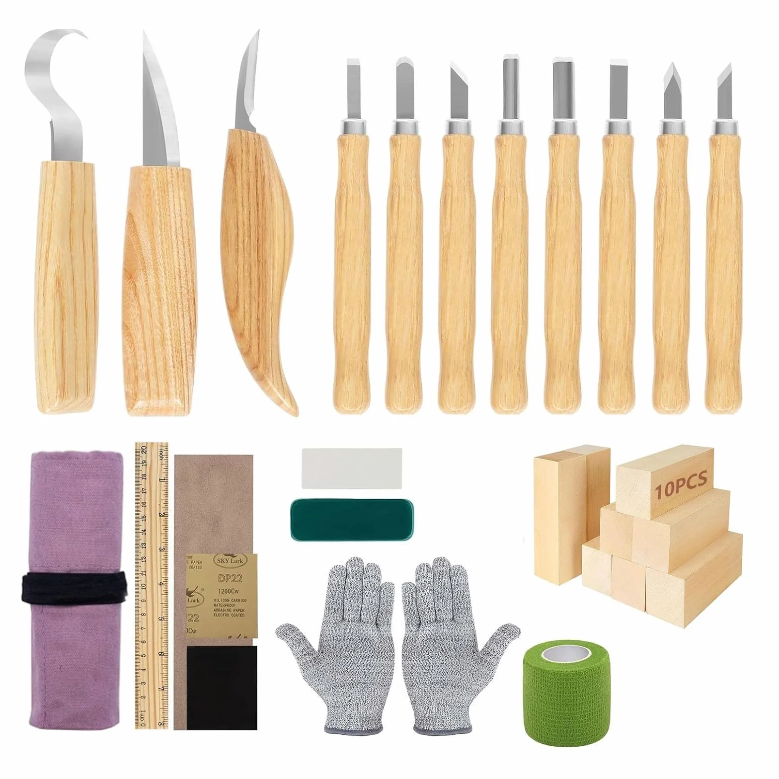 Juego de herramientas para tallar madera,30PCS Herramientas De Talla De Madera con guantes resistentes a cortes,cuchillos de tallado en madera,Para Principiantes Y Profesionales Escultores