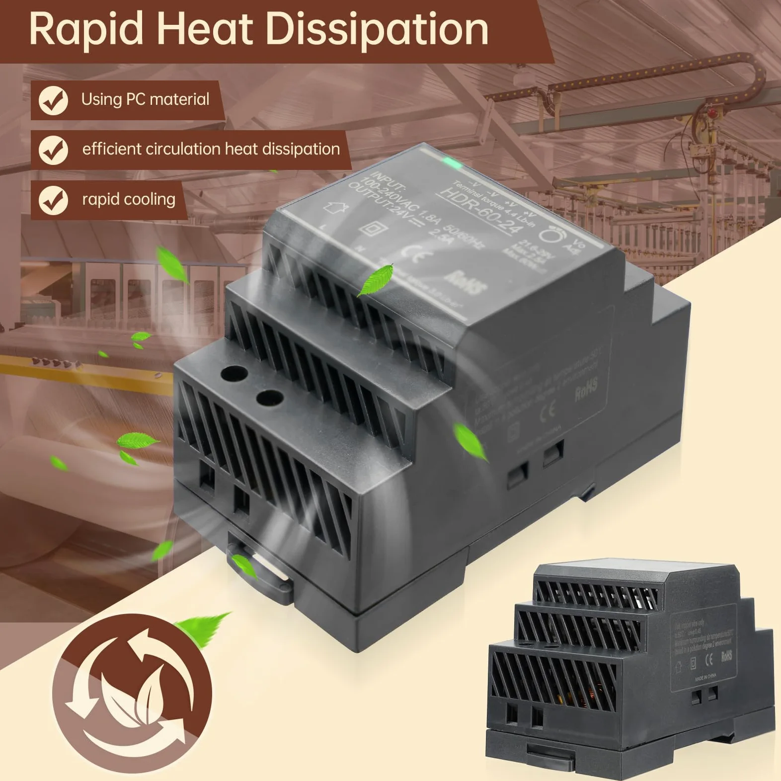 Fuente de Alimentación para el Montaje de Rayos de Sombra 24V 2.5A 60W Transformador de Red de Conmutación AC a CC para la Industria Iluminación y Automatización LED HDR-60-24