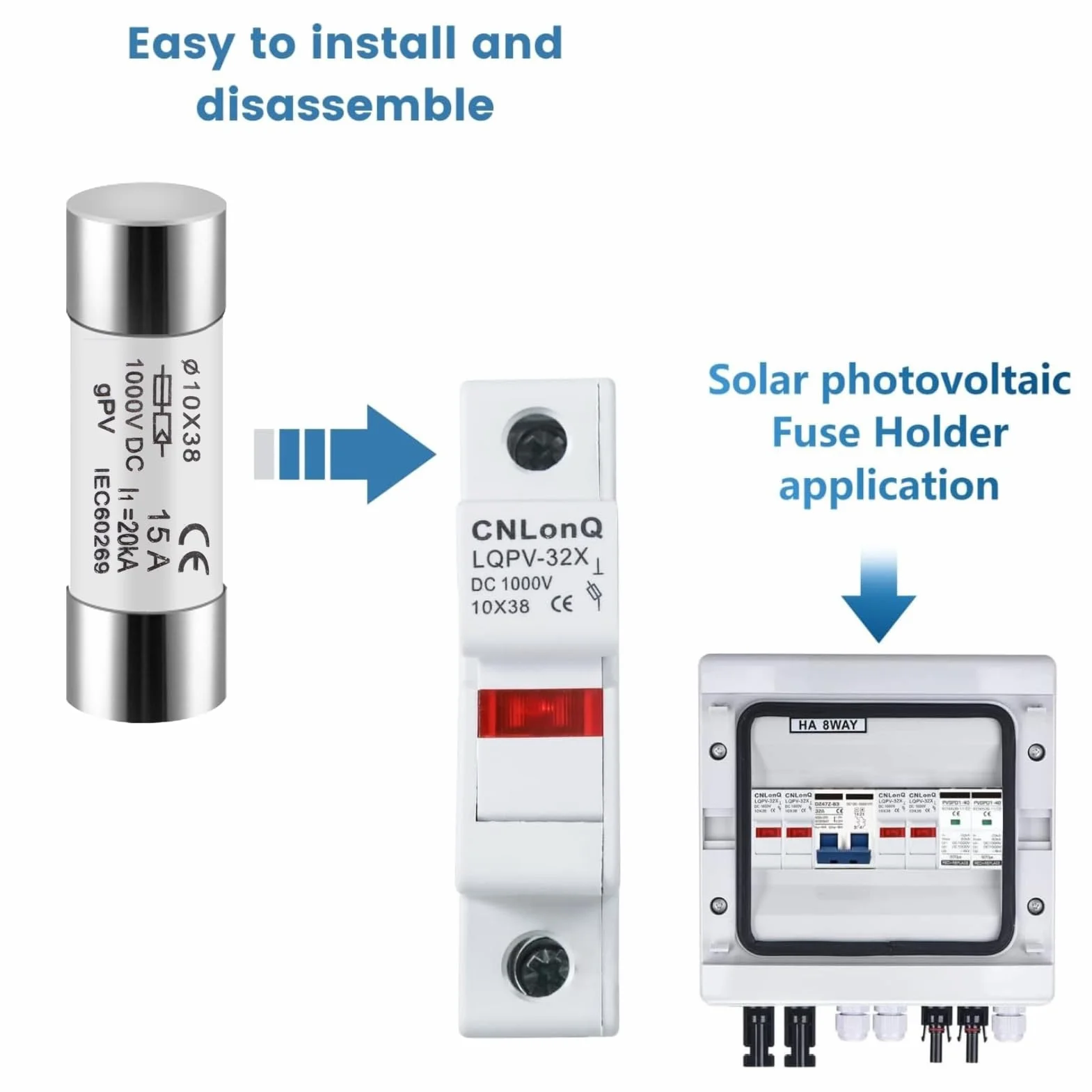 DEWIN Fusibles fotovoltaicos 10 Piezas 15 A 10X38 mm 1000 V DC para protección solar