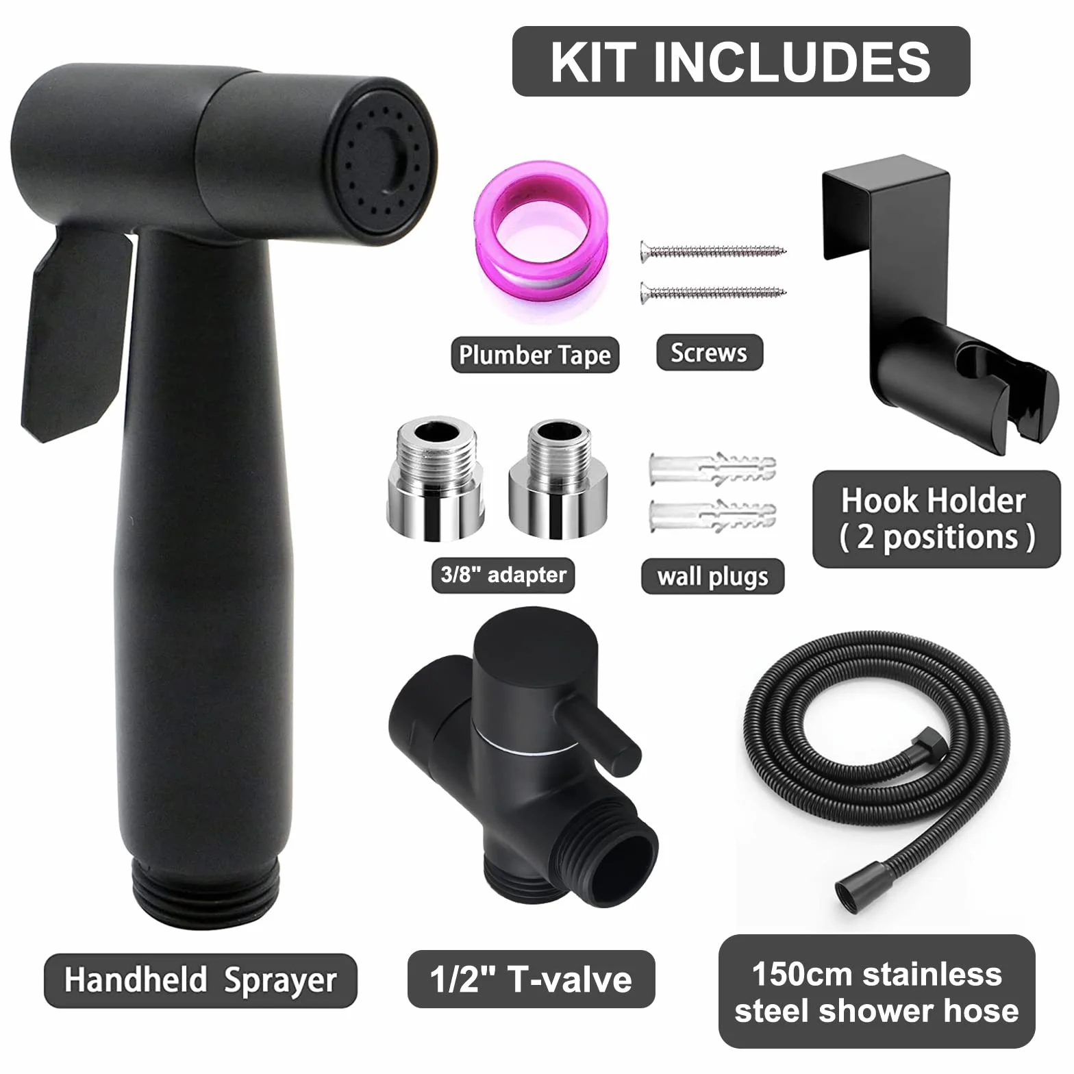 Kit Grifo Bidet Acero Inoxidable Ducha de Lavabo, Pulverizador Bidet Inodoro de Mano con Manguera WC, Soporte Grifo de Bidet para Limpieza de Inodoros, Limpieza de Mascotas (Negro)