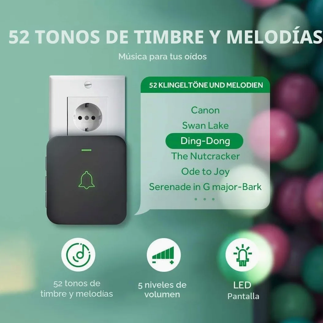 AVANTEK CB-11 - Timbre inalámbrico para puerta (300 m, 52 melodías en 5 niveles, con indicador LED, receptor enchufable y fácil de enchufar en el enchufe)…