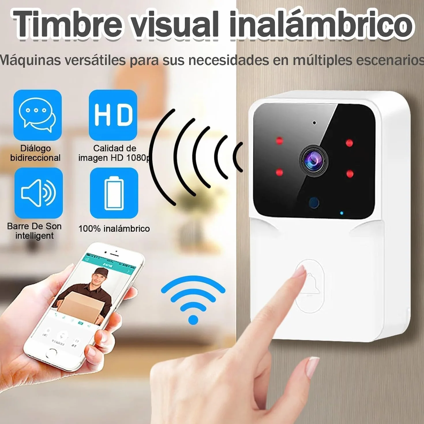 Timbre Videoportero Inalámbrico con Cámara HD1080P,Resistente al Agua,Visióm Nocturna,Videocitofono WiFi,Intercomunicador Bidireccional, Control De Aplicaciones, Instalación Inalámbrica (Small)
