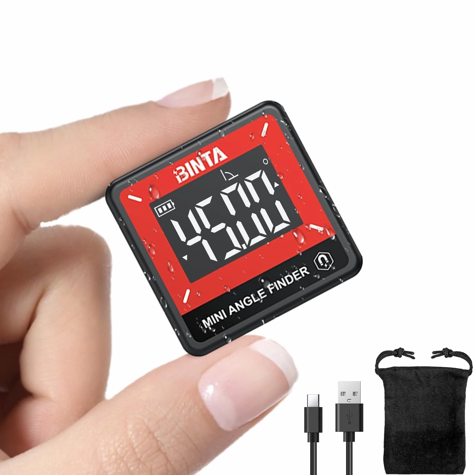 BINTA Medidor digital de Ángulos, Inclinómetro Transportador con Base Magnética Retroiluminación IP54 Recargable, Nivel de Burbuja Digital Magnético para Carpintería y Uniones de Mesa