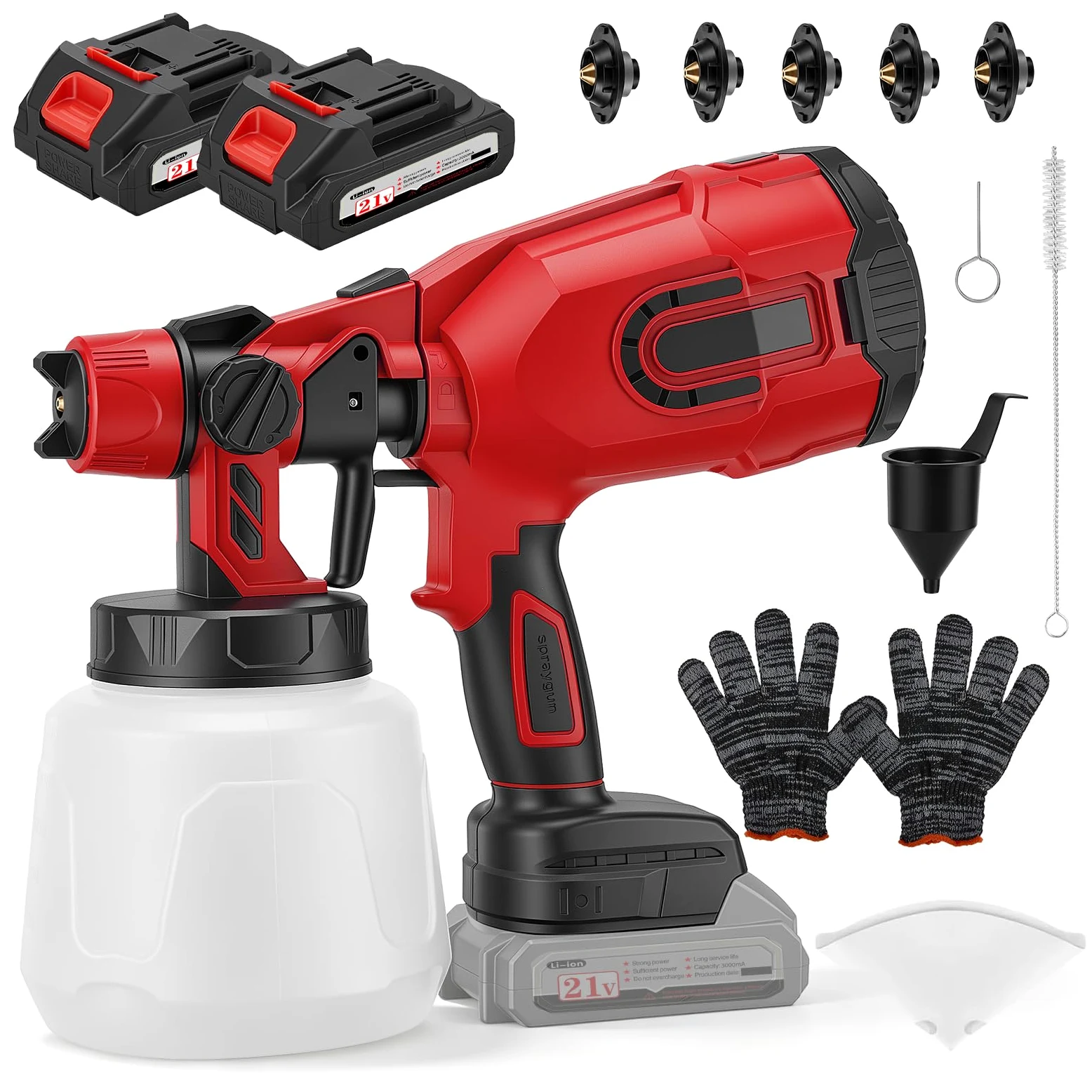 Pistola de Pintura Bateria, Pistola Pintura Inalámbrica con Batería 2x3000mAh, 5 Boquillas y 3 Patrones de Pulverización, Depósito 1400ml, 150W Pistola de Pintura Eléctrica para Cobertizos