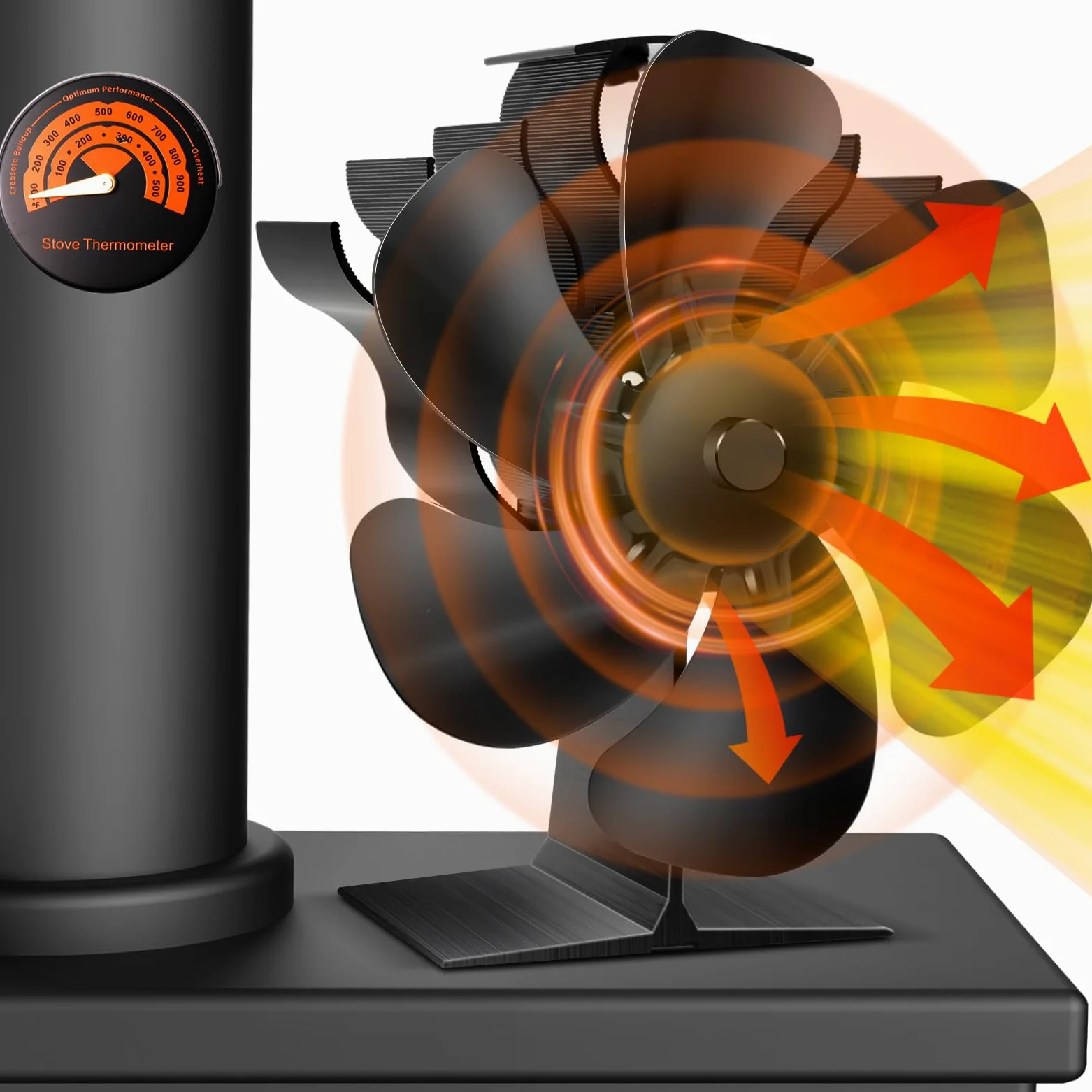 Lvelfe Ventilador de estufa sin electricidad, ventilador de chimenea de 6 aspas, ventilador de chimenea silencioso, ventilador de estufa y chimenea con termómetro para estufa de leña, leña, lugar de