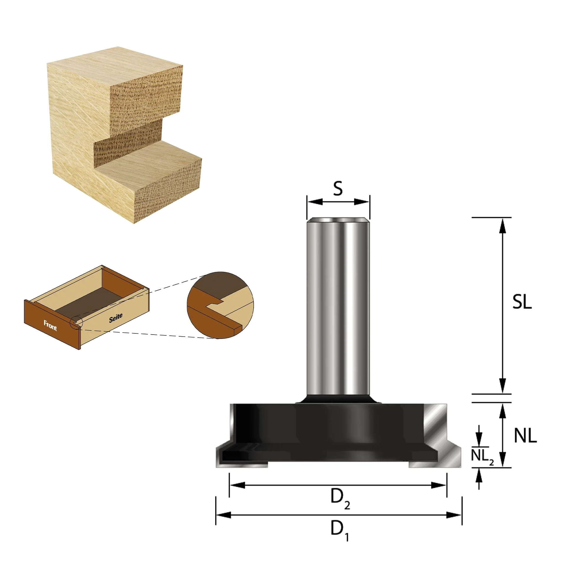ENT 16270 Fresa para ensamble de cajones, en carburo, vástago (S) de 8 mm, diámetro (D1) de 25,4 mm, longitud útil 1 (NL1) de 12,7 mm, diámetro 2 (D2) de 19 mm, longitud útil 2 (NL2) de 3,97 mm, longitud total (SL) de 32 mm