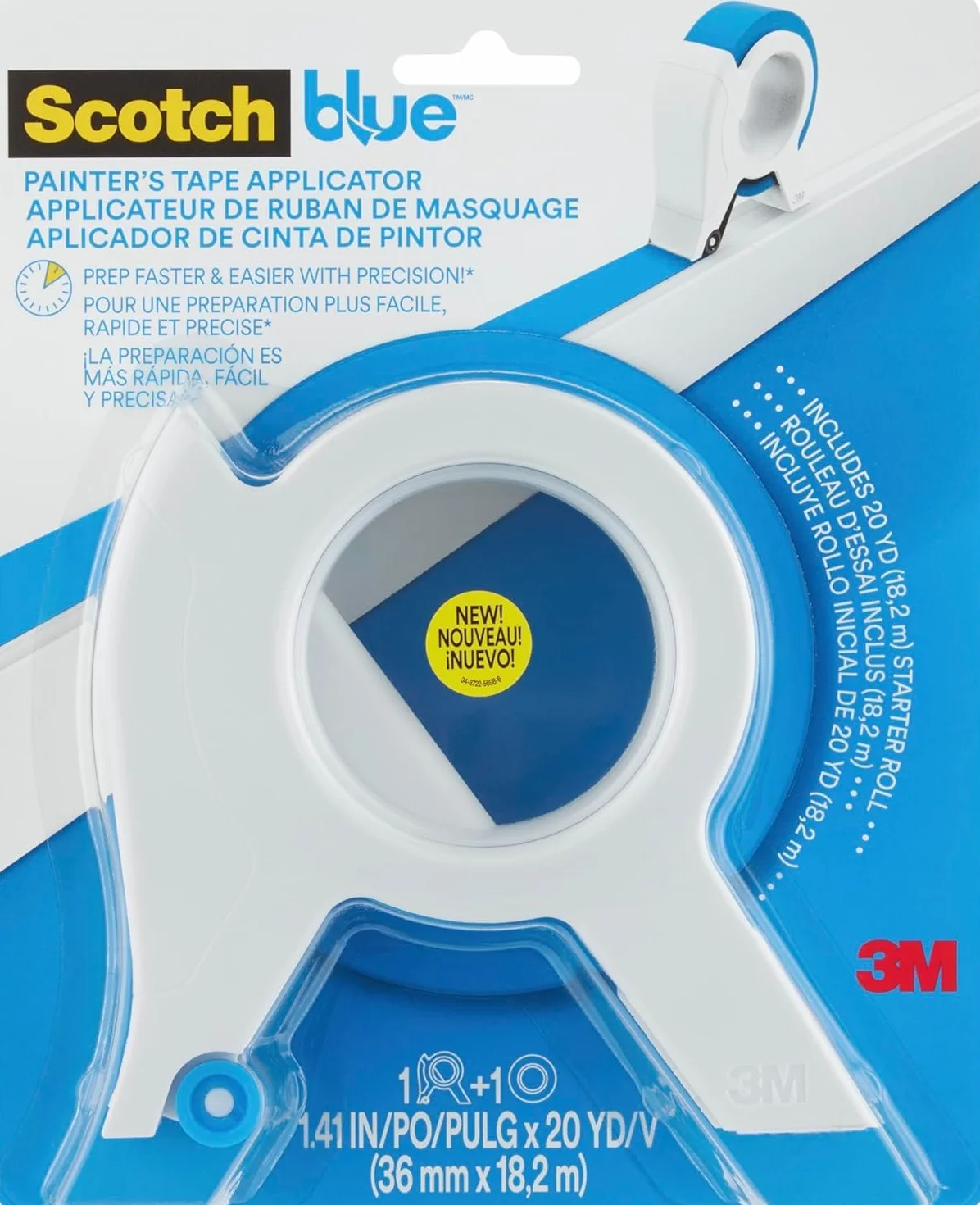 ScotchBlue Aplicador de Cinta de Pintor con 1 Rollo (36 mm x 18,2 m) - Cinta de Enmascarar Multisuperficie - para Molduras, Rodapiés, Marcos de Puertas y Ventanas