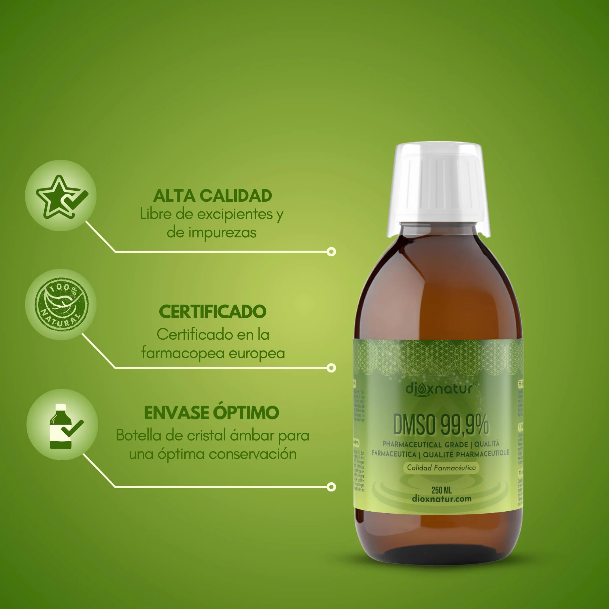 DMSO 99,9% 250ml Dimetilsulfóxido Grado Farmacéutico - Botella + Spray Vaporizador cristal ámbar
