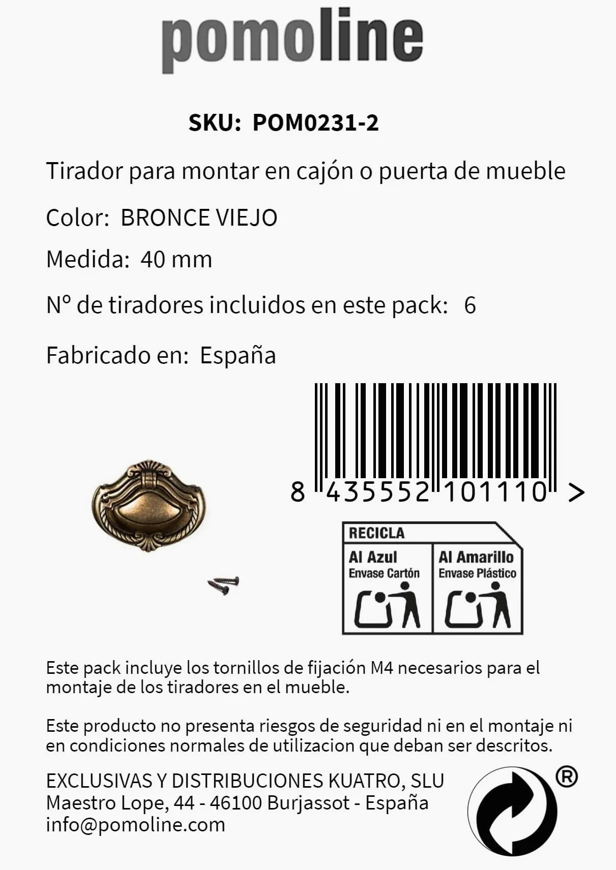 6 Un. TIRADOR Anilla bronce envejecido para Mueble 54x40MM