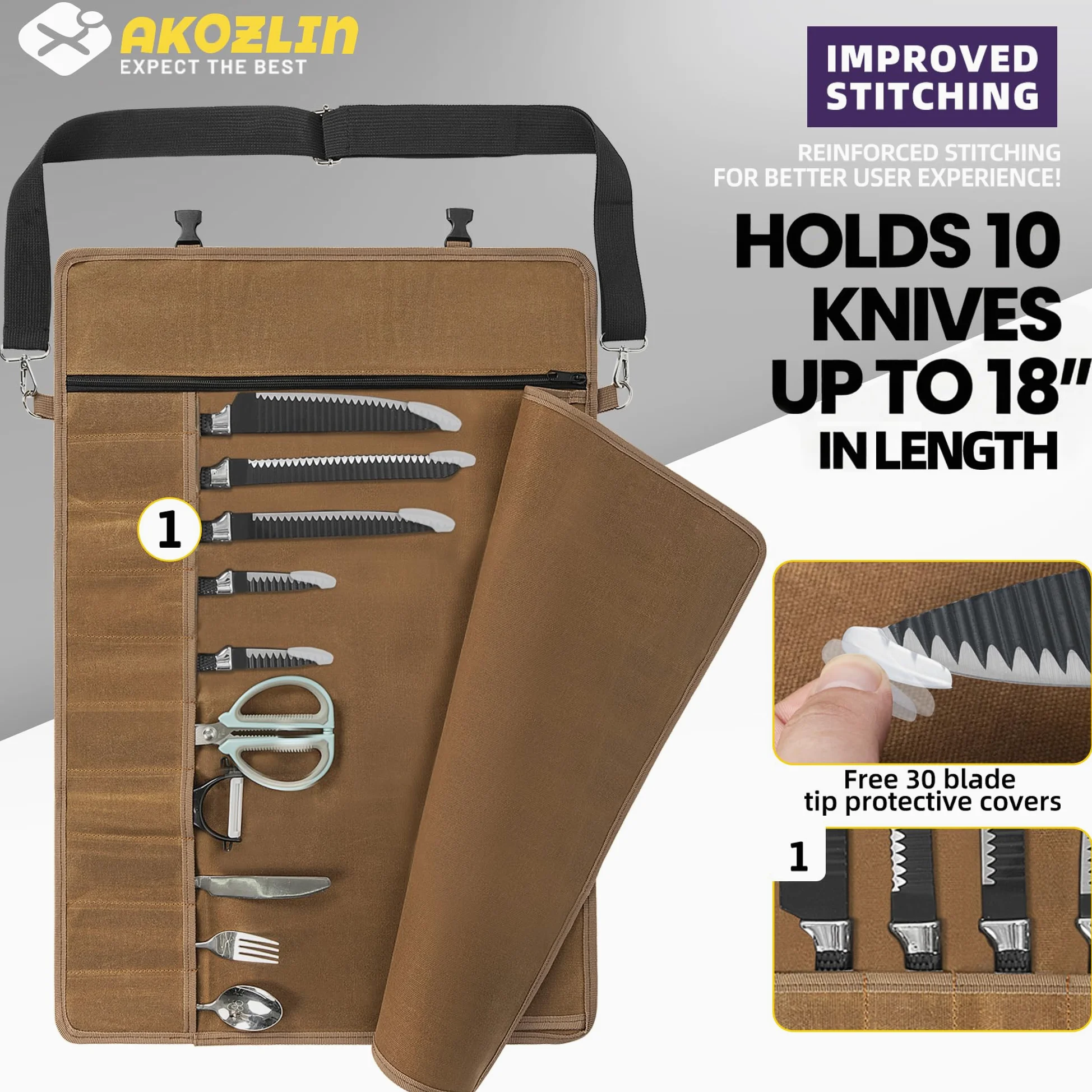 AKOZLIN Bolso de Cuchillo para Cocineros,marrón,10 hendiduras | tela de vela crecida,1 grande bolsillo de cierre, cinturón ajustable,30 gorros de protección de cuchillo,portátil