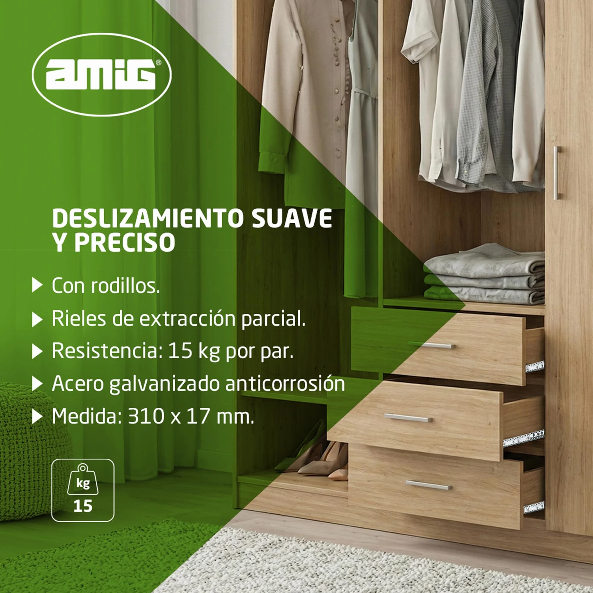 Amig Juego de 2 Guías Correderas Metálicas Acero Galvanizado 310 x 17 mm 15 Kg/Par Extracción Parcial