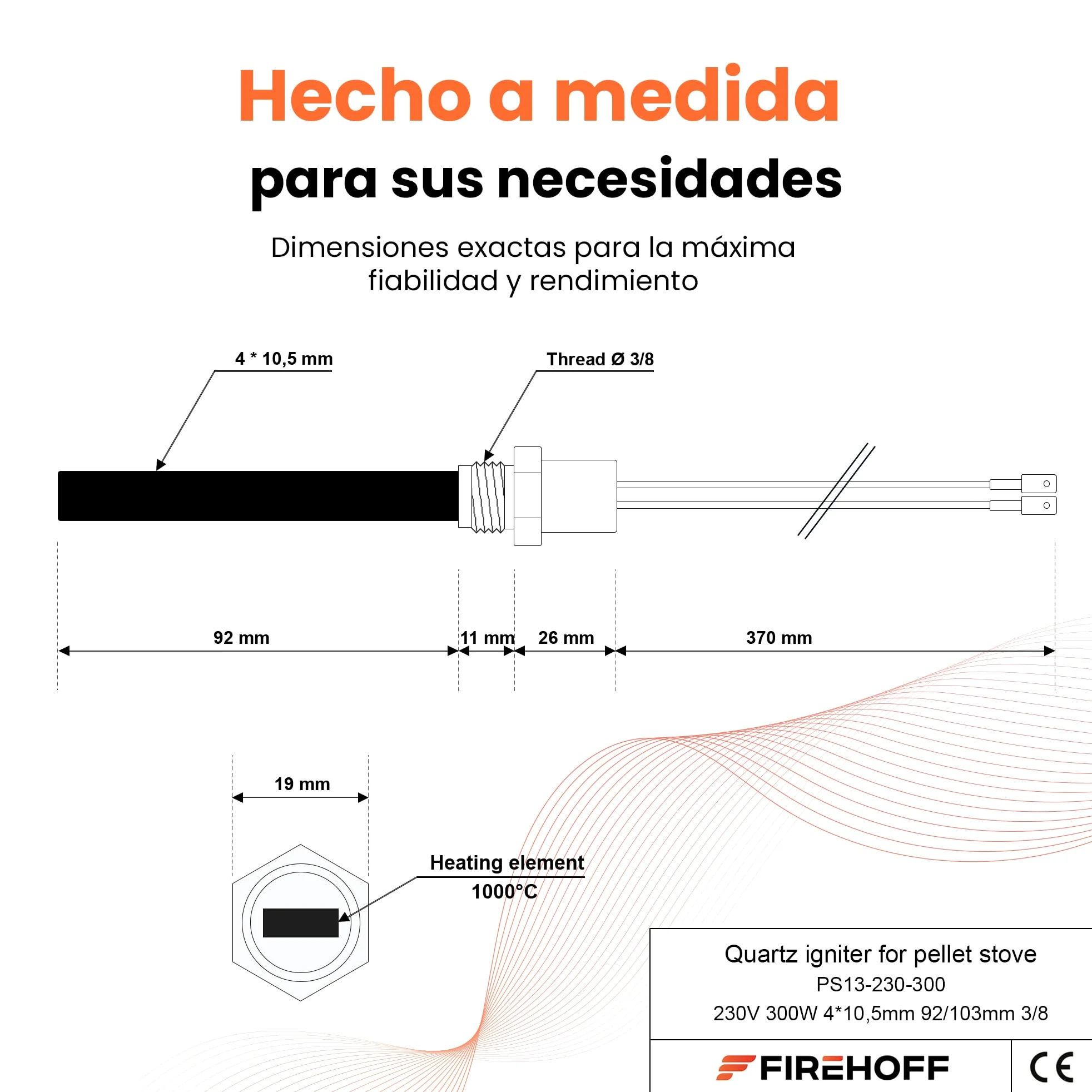 PS13-230-300 - Vela de cuarzo para estufa de pellets (300 W, 90/126 mm, diámetro 11,5 x 4 mm, rosca 3/8)