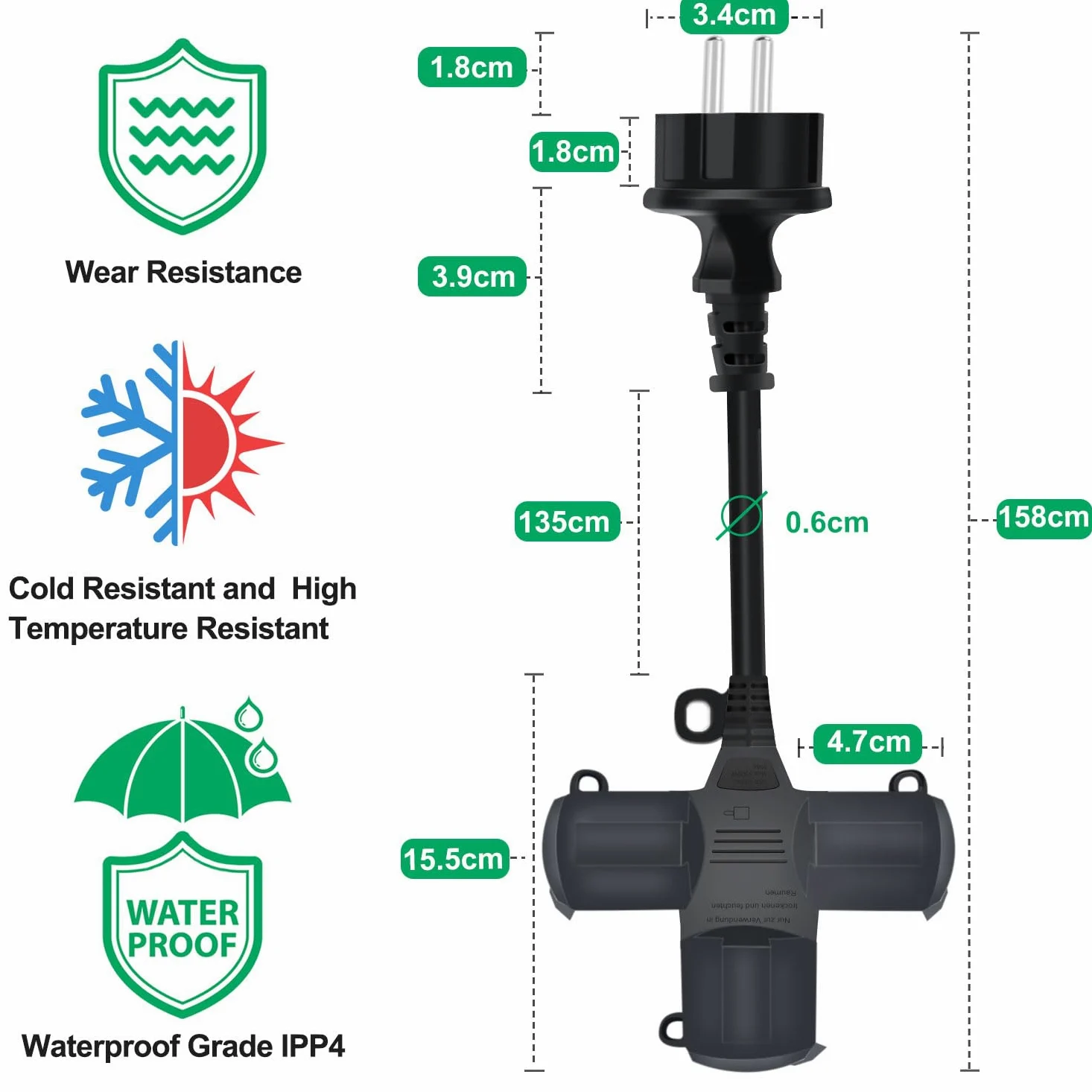 Cable Extensión Schuko 16A 250V 3500W Cable de Extensión con 3 Enchufes de Contacto Protector IP44 H05RR-F3G 1.5mm² Cable de Alimentación para Interior o Exterior (Negro, 1.5m)