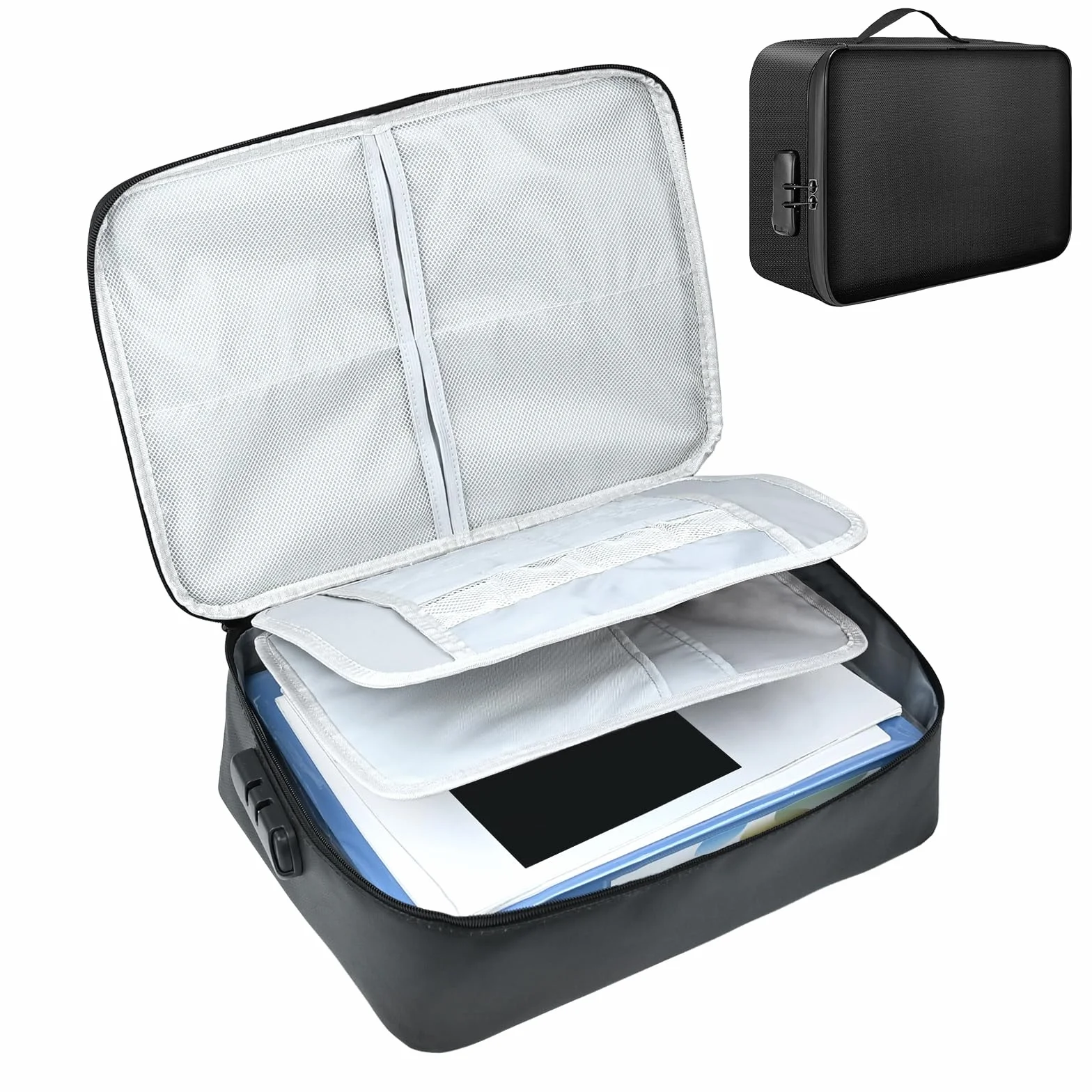 Bolsa de documentos ignífuga, impermeable, 38 x 28 x 10 cm, 4 capas, gran capacidad, ignífuga, con cerradura, caja de almacenamiento segura para pasaportes, certificados, documentos legales, objetos