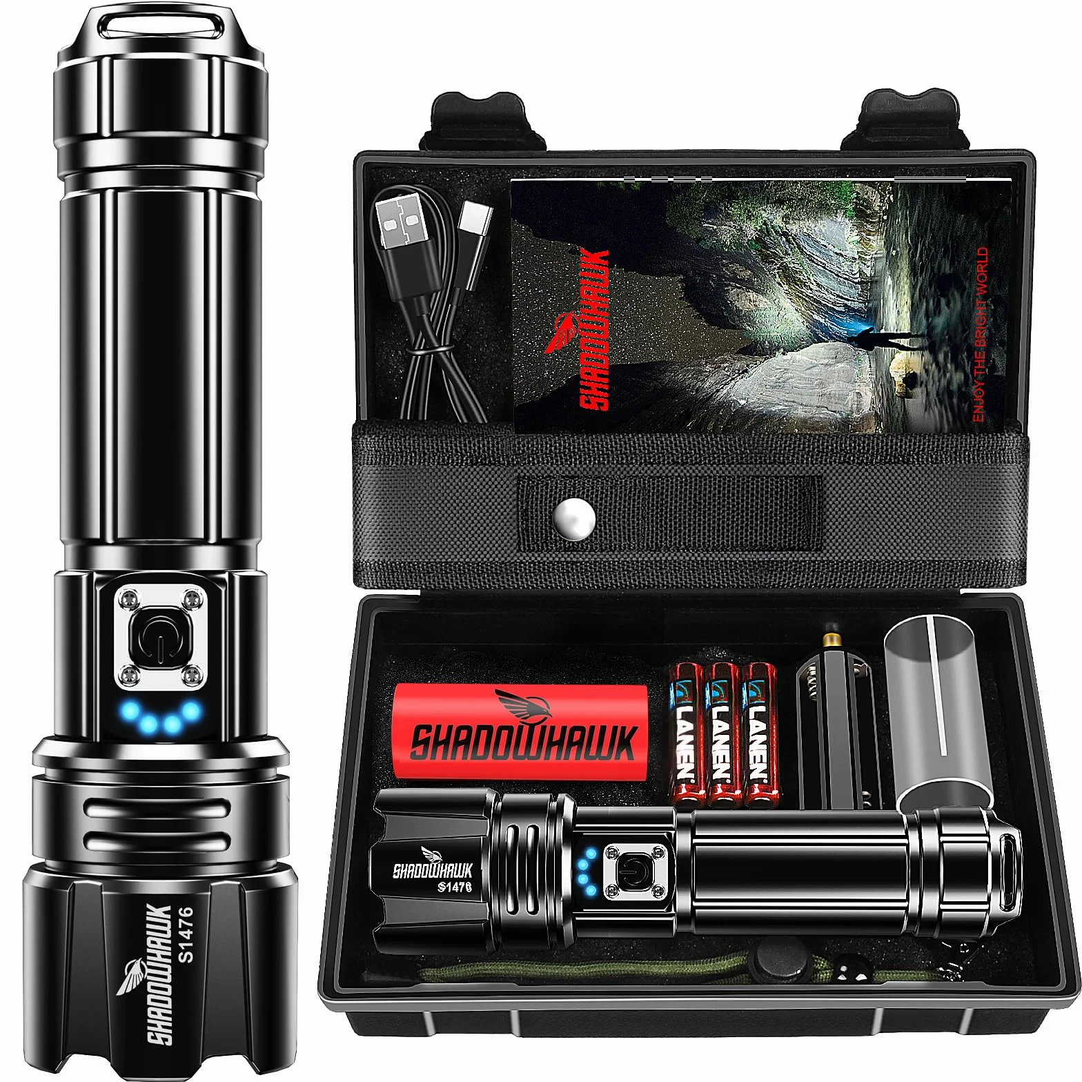 Shadowhawk Linternas LED Alta Potencia 1,000,000 Lúmenes, Linterna LED Recargable USB Táctica Militar Potente, XHP70.2 Linterna led, IPX67 Impermeable 5 Modos Portátil Linternas