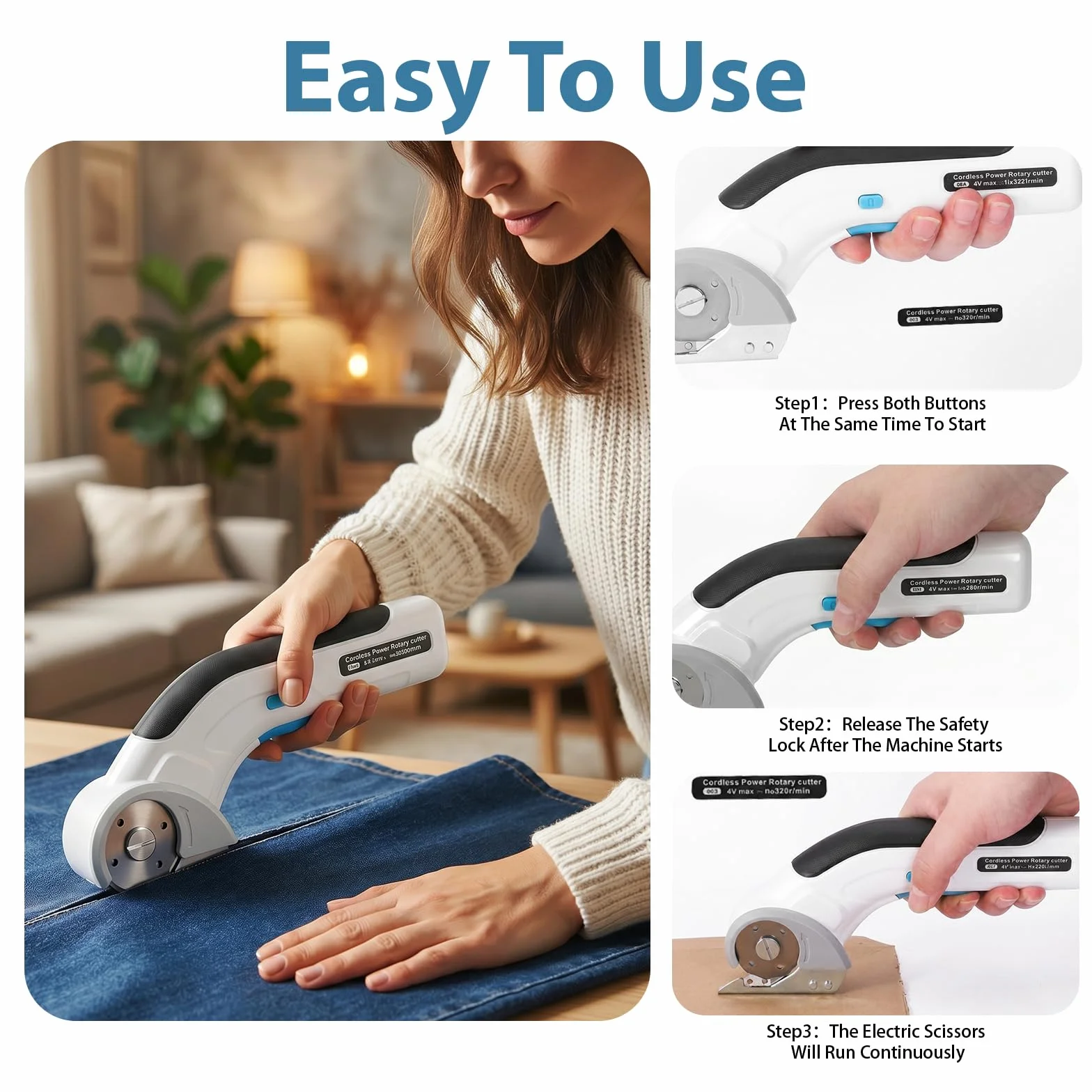 Tijeras Eléctricas Inalámbricas, Cúter Rotativo Eléctrico Recargable con Doble Cuchilla y Bloqueo de Seguridad para Cortar Cartón Tela Cuero Alfombra Herramienta Portátil