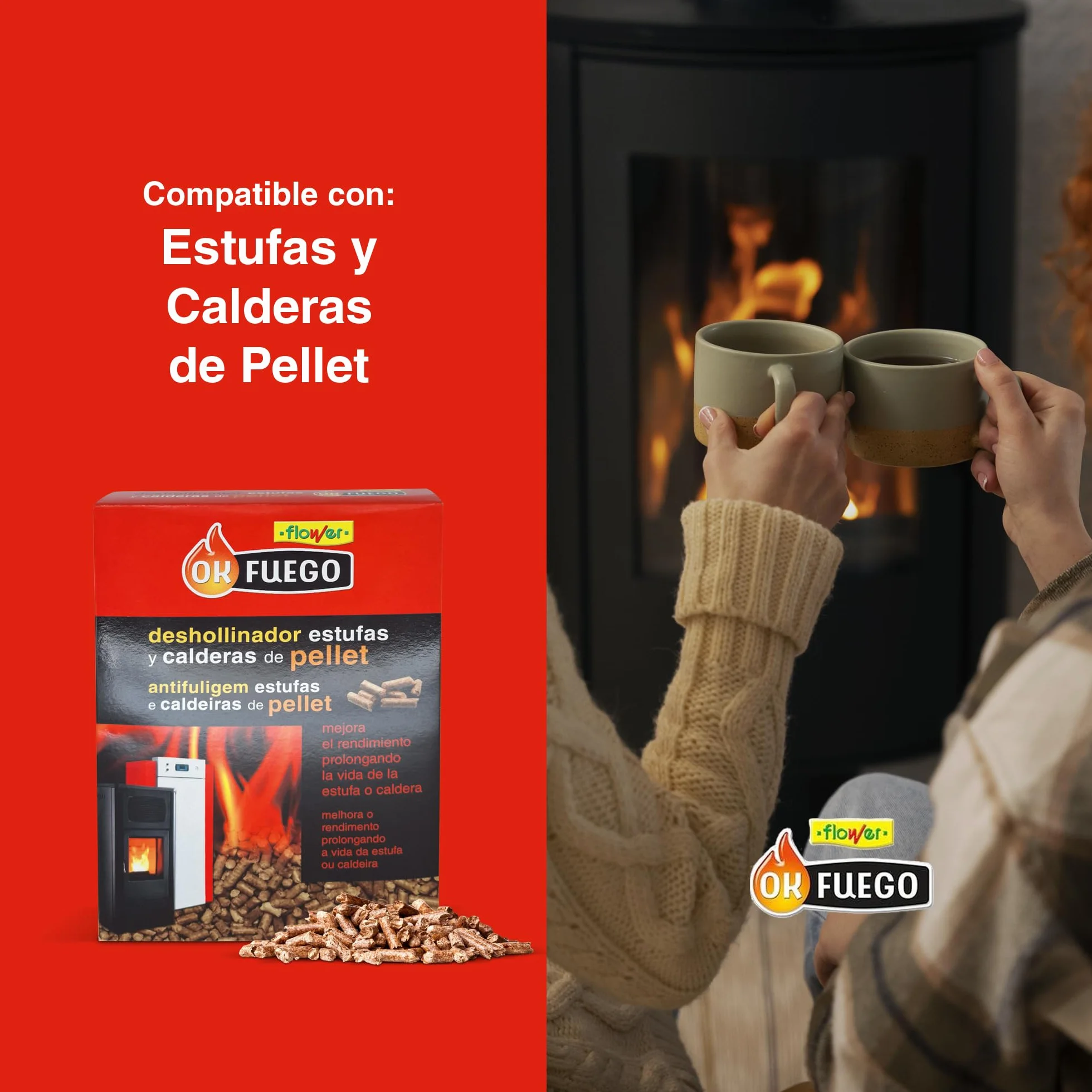 FLOWER Deshollinador Estufas y Calderas de Pellet 4,5 kg | Limpieza Hollín, Alquitrán y Polvo Chimena | Ahorro de Combustible y Mejora Rendimiento | Mayor Vida Útil Estufa