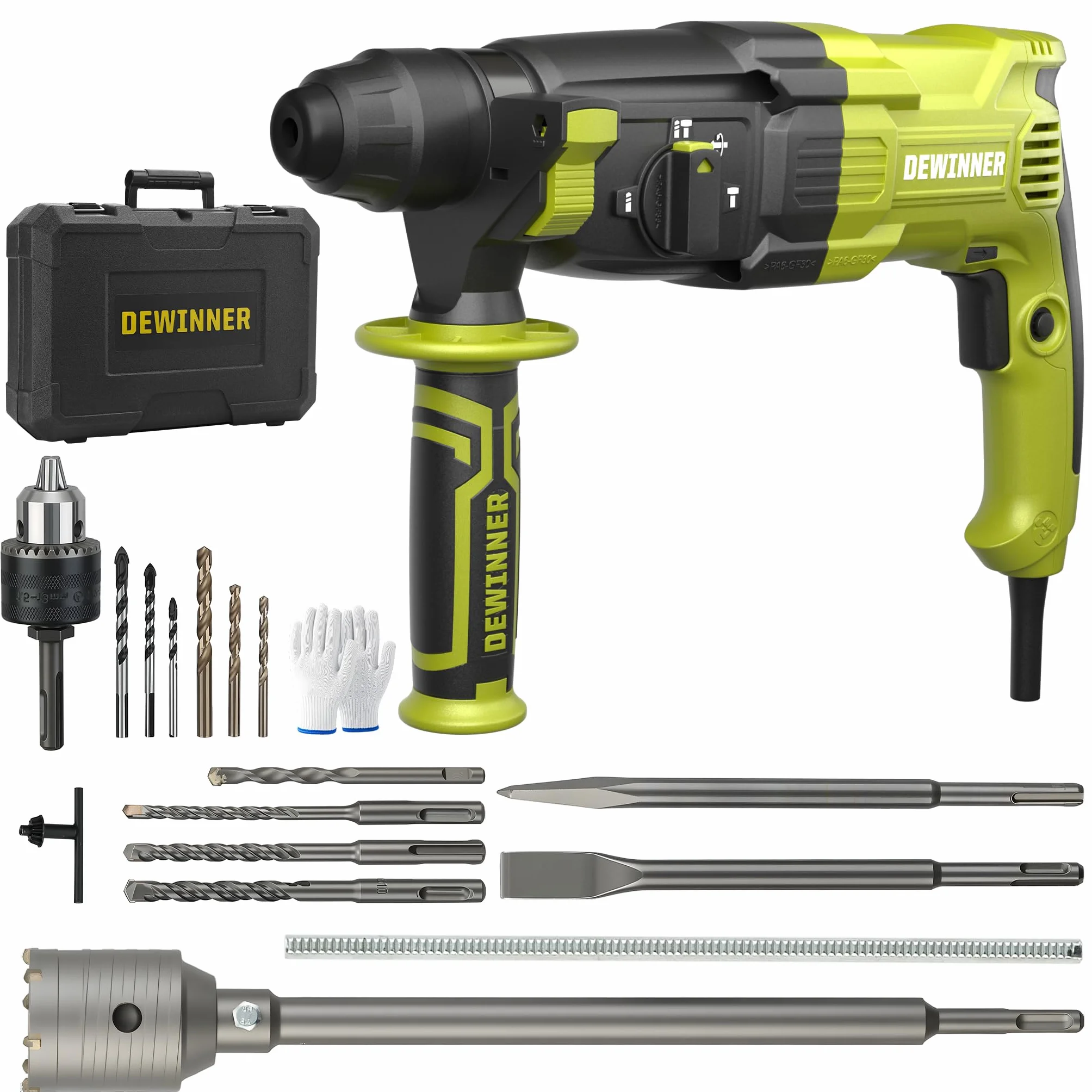 DEWINNER Martillo Perforador 1100 W 3.4 J, 0-1500 RPM/5500 BPM con 4 Funciones y Embrague de Seguridad, 20 Accesorios Sierra Perforadora Hormigón, Velocidad Variable, Hormigón, Acero, Madera
